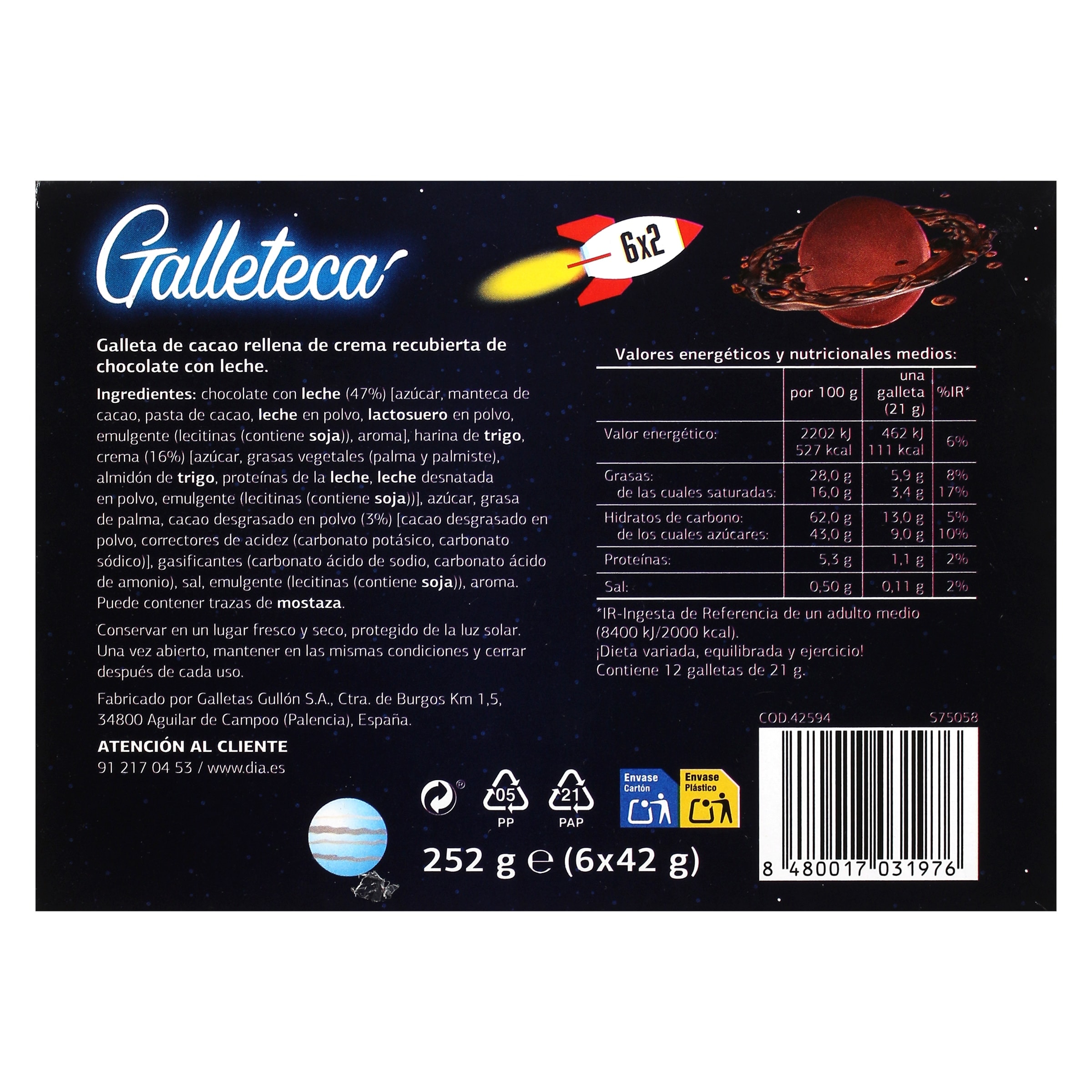 Galletas de cacao rellenas de crema bañadas con chocolate con leche Galleteca de Dia 252 g