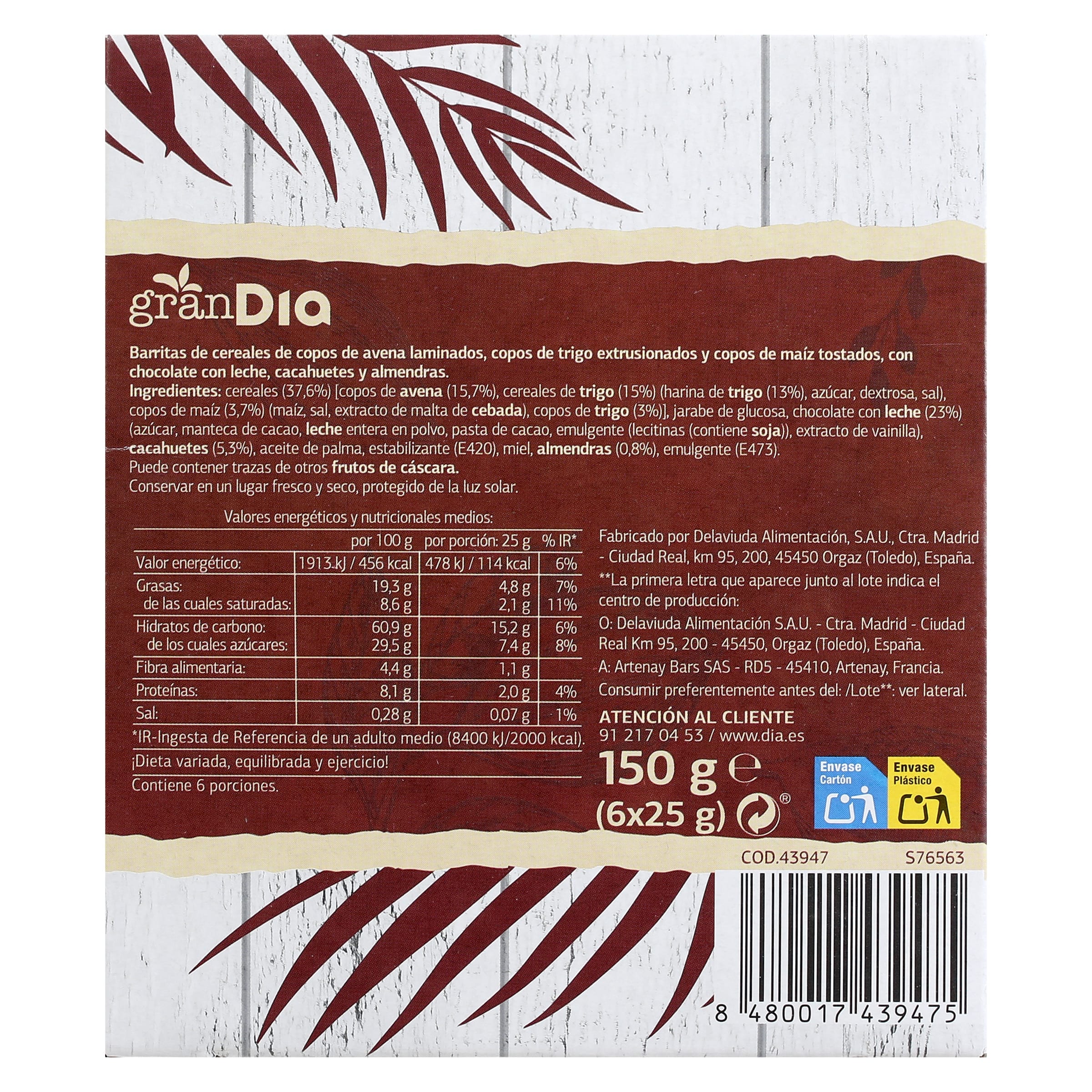 Barritas de cereales con chocolate con leche Gran Dia 150 g