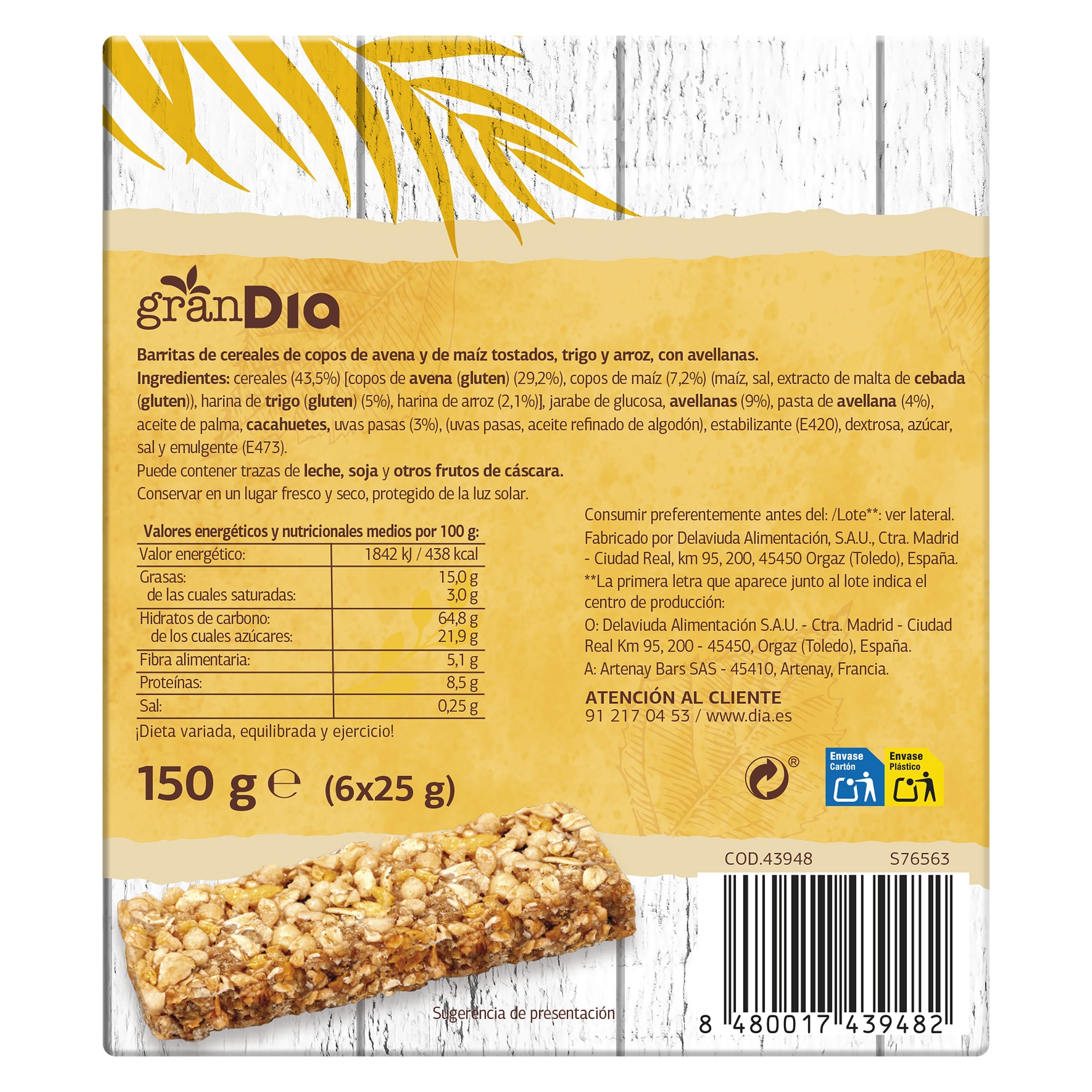 Barritas de cereales con avellanas Gran Dia 150 g