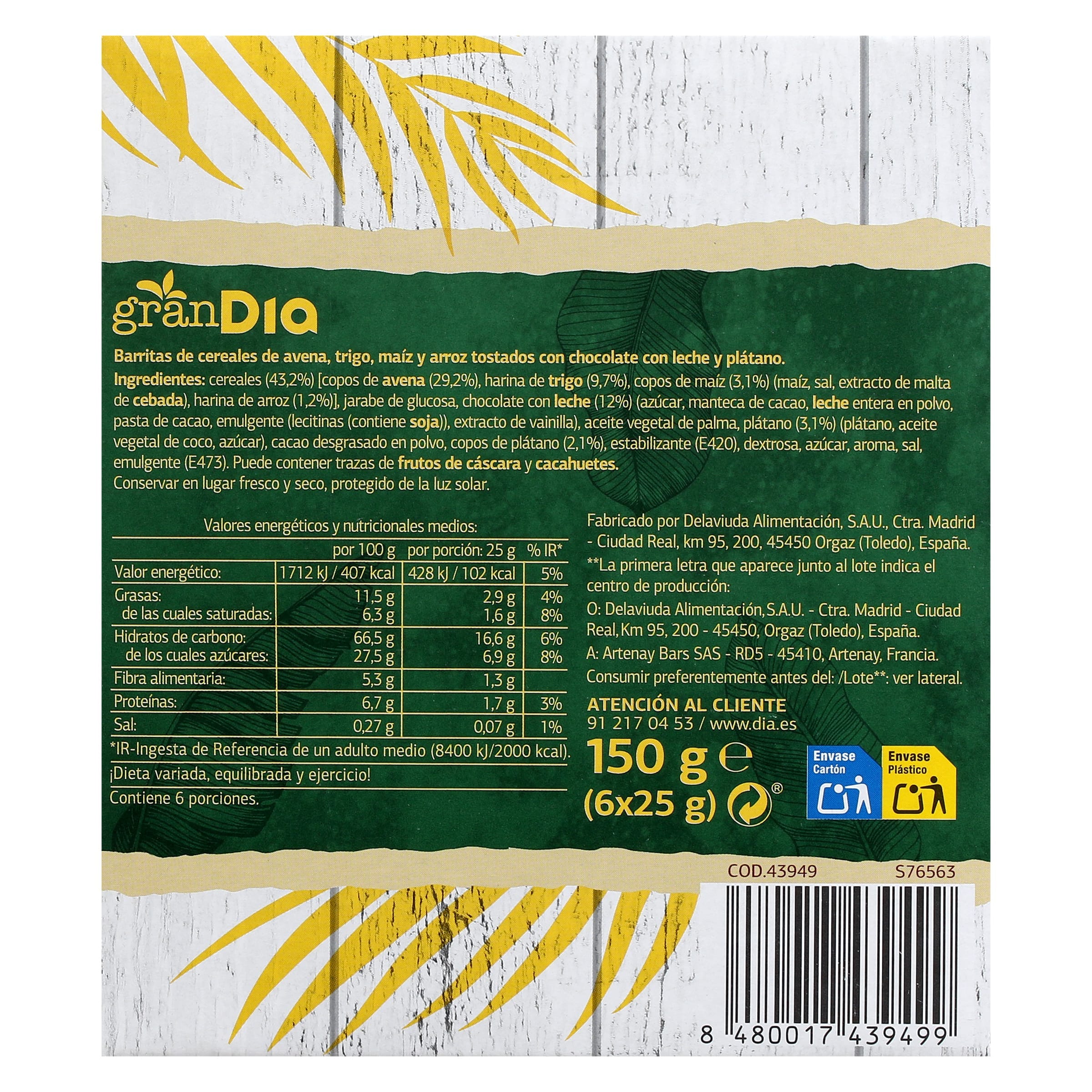 Barritas de cereales plátano y chocolate con leche Gran Dia 150 g