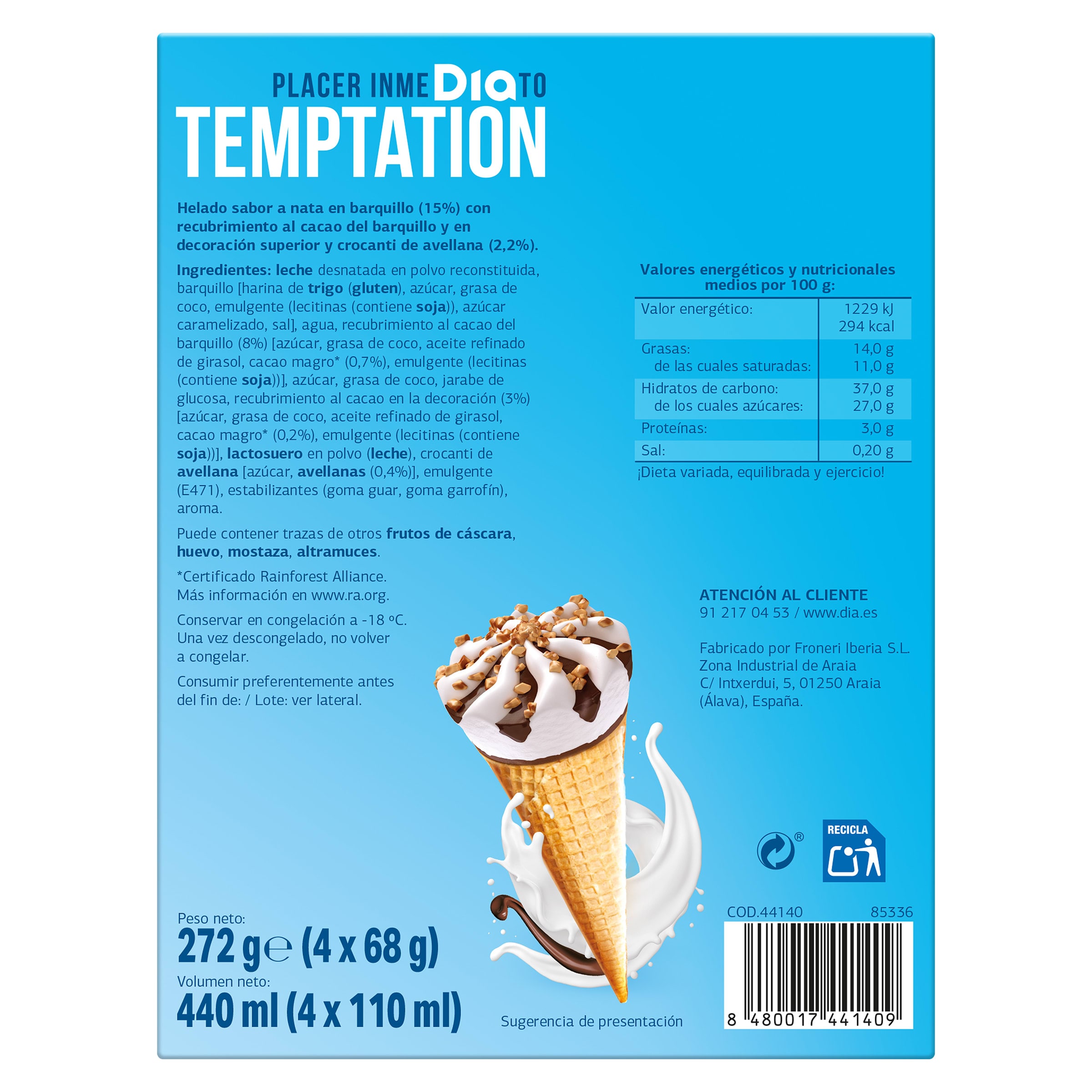 Conos de nata Dia Temptation 4 x 68 g
