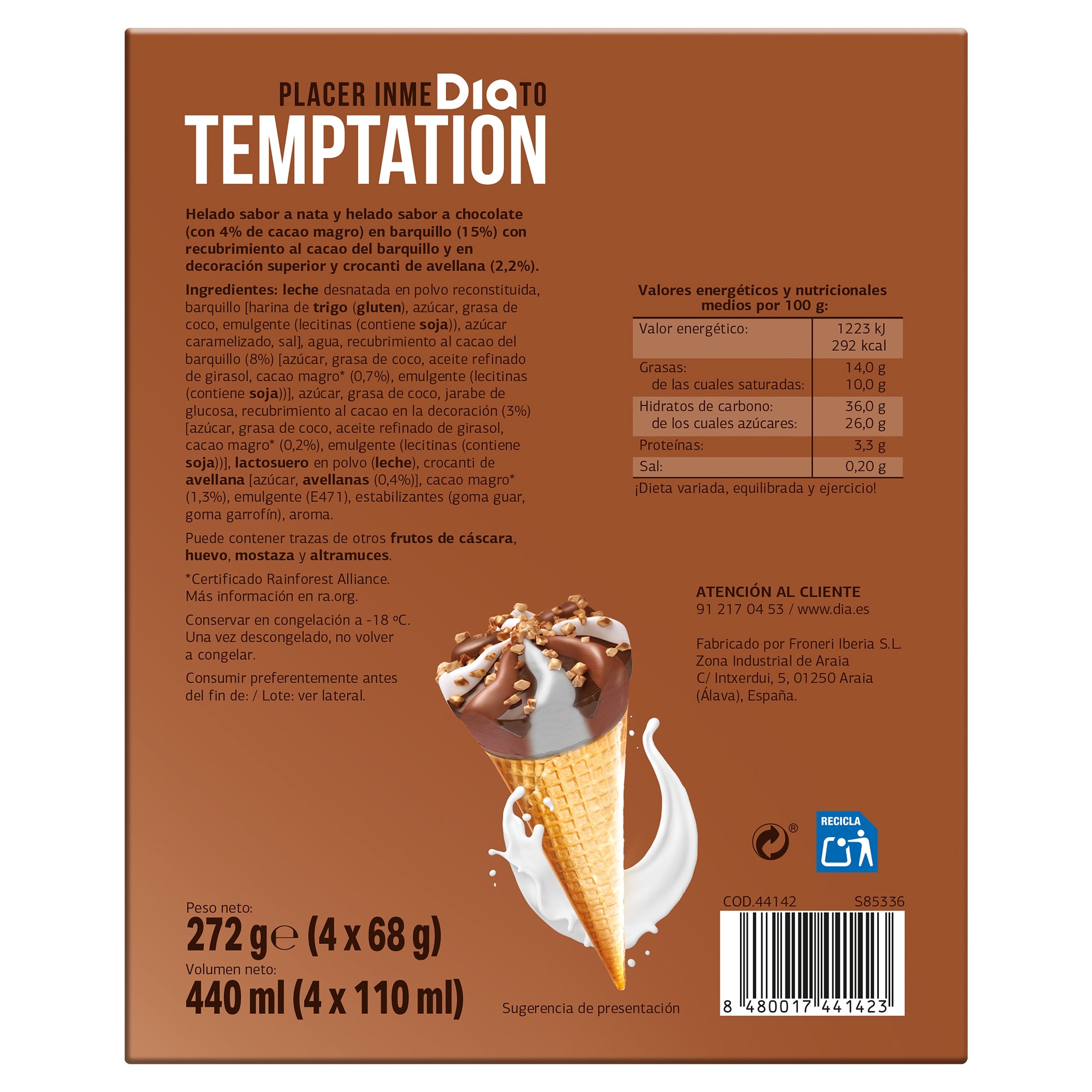 Conos de nata y chocolate Dia Temptation 4 x 68 g