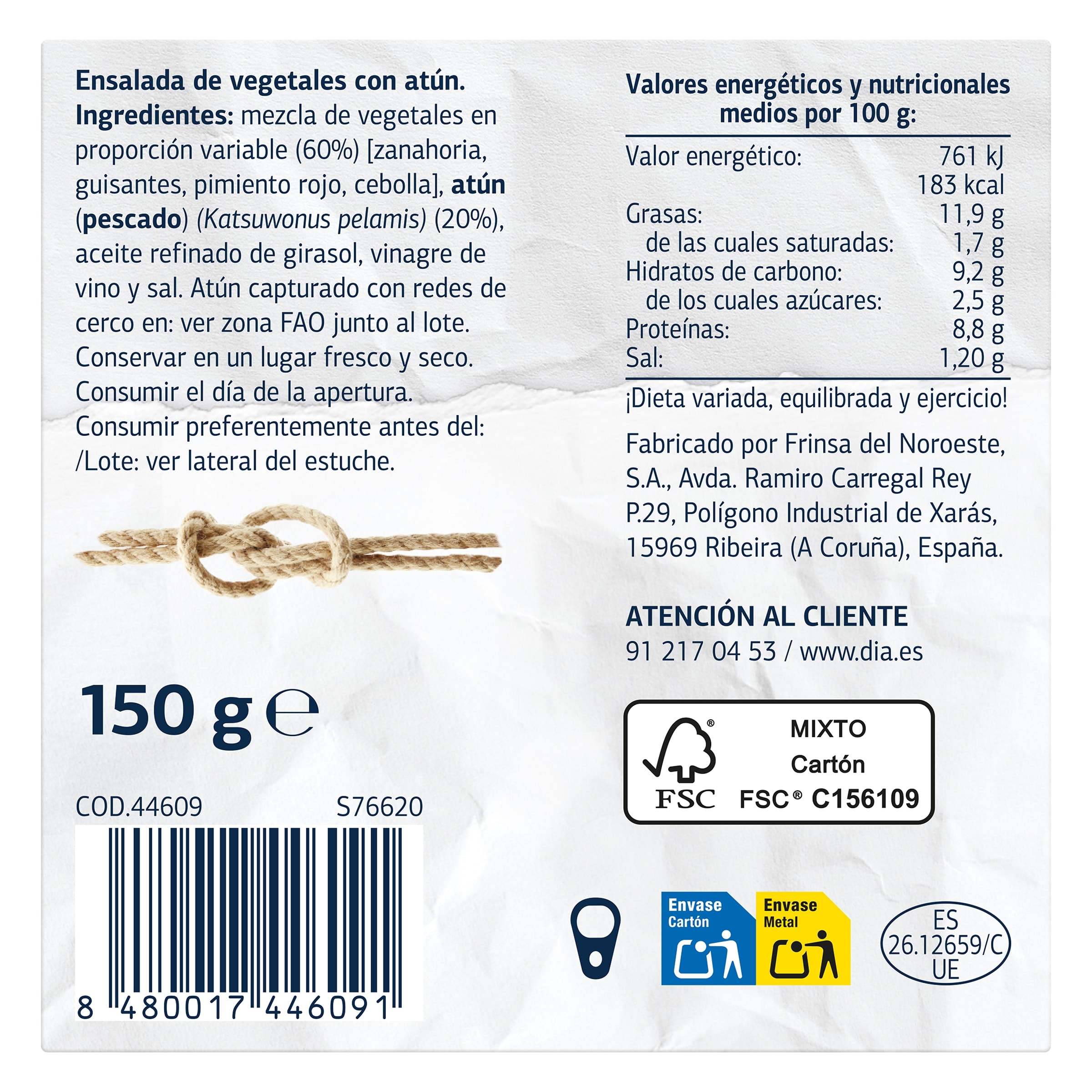 Ensalada mediterránea de atún MSC Dia Mari Marinera 150 g