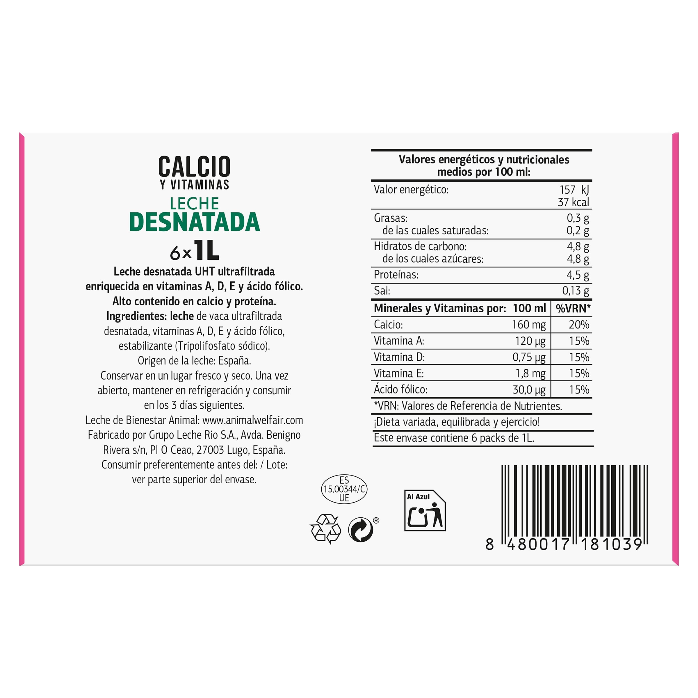 Leche desnatada calcio Dia Láctea pack 6 x 1 L