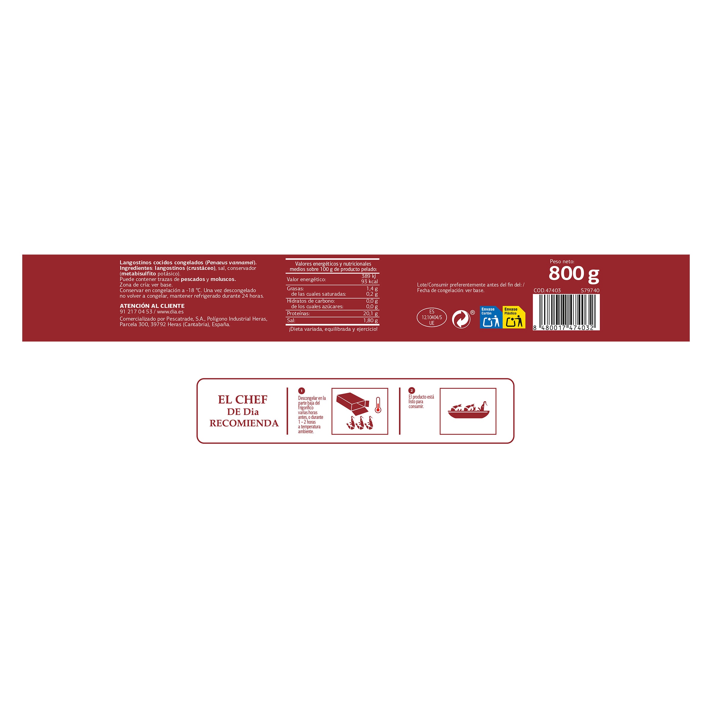 Langostino cocido grande 32/48 piezas Dia Mari Marinera 800 g