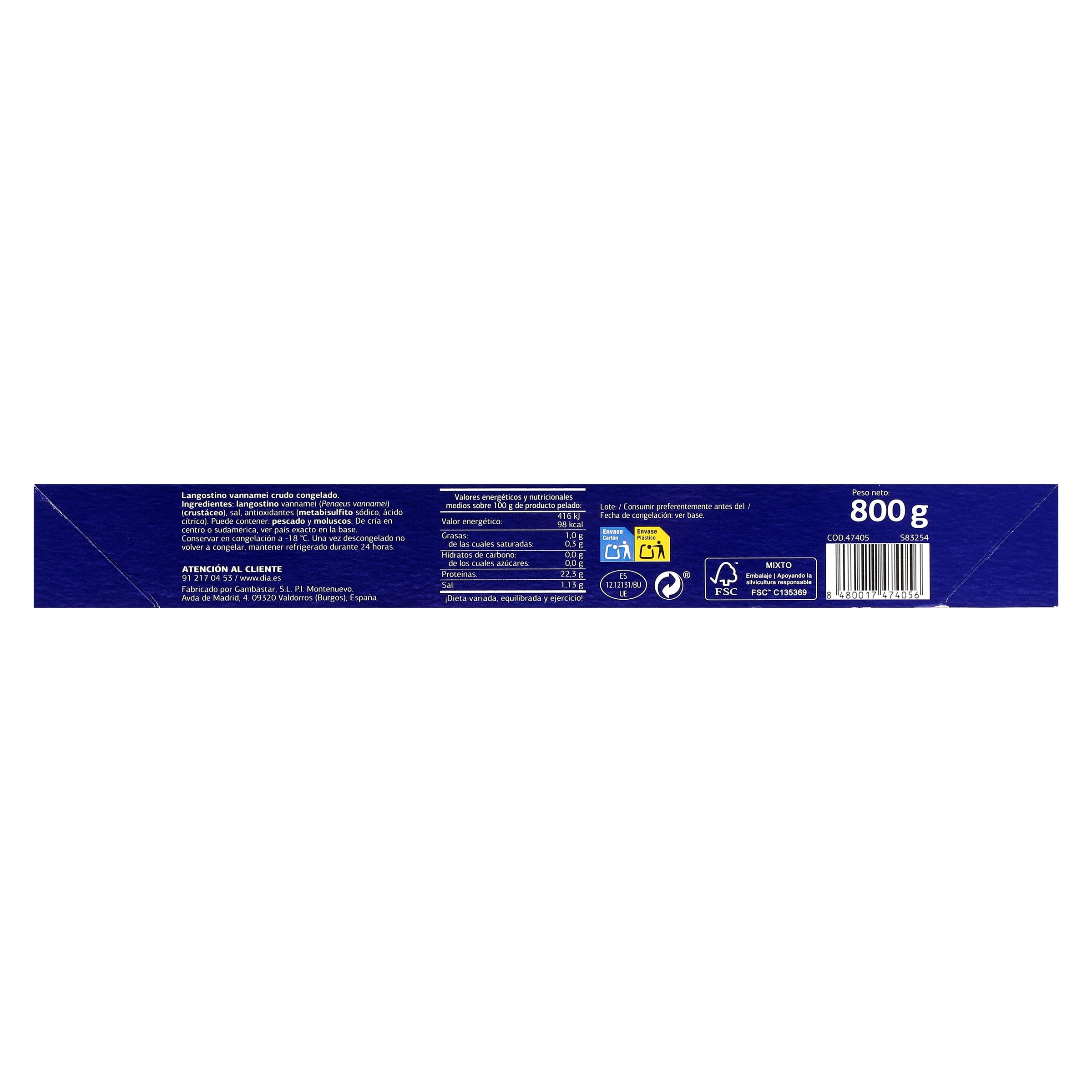 Langostino crudo grande 32/48 piezas Dia Mari Marinera 800 g