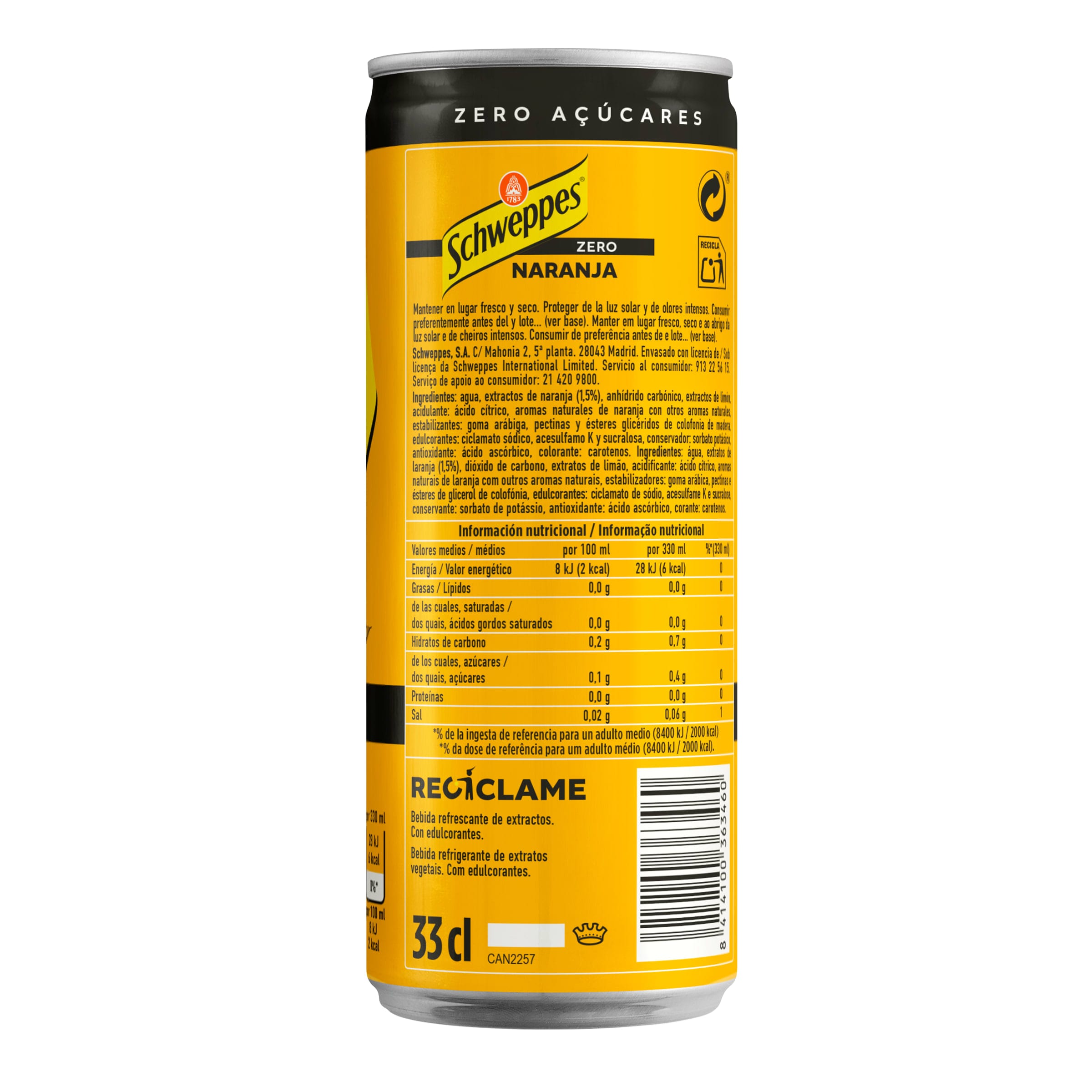 Schweppes de naranja zero lata 330 ml