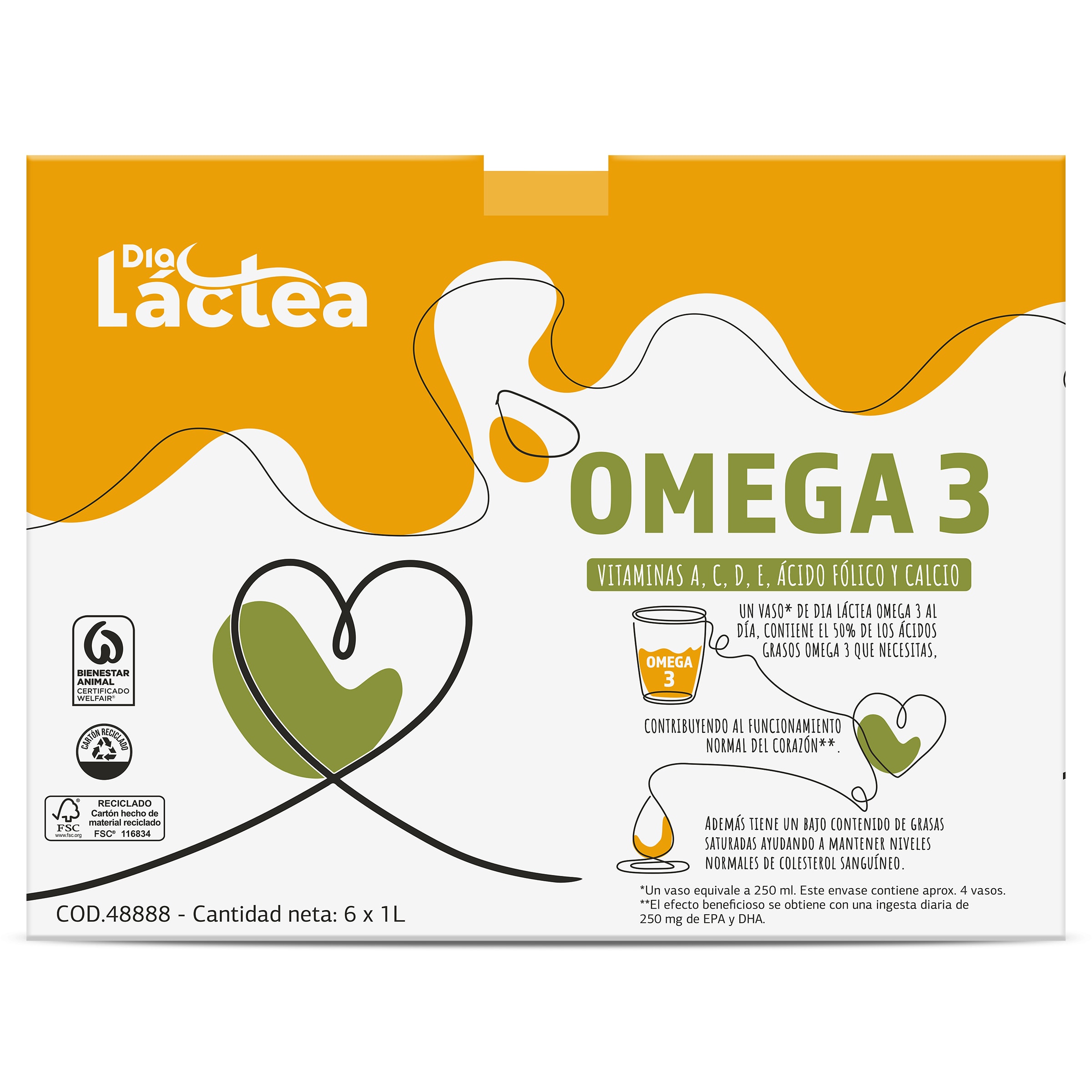 Leche desnatada omega 3 Dia Láctea pack 6 x 1 L