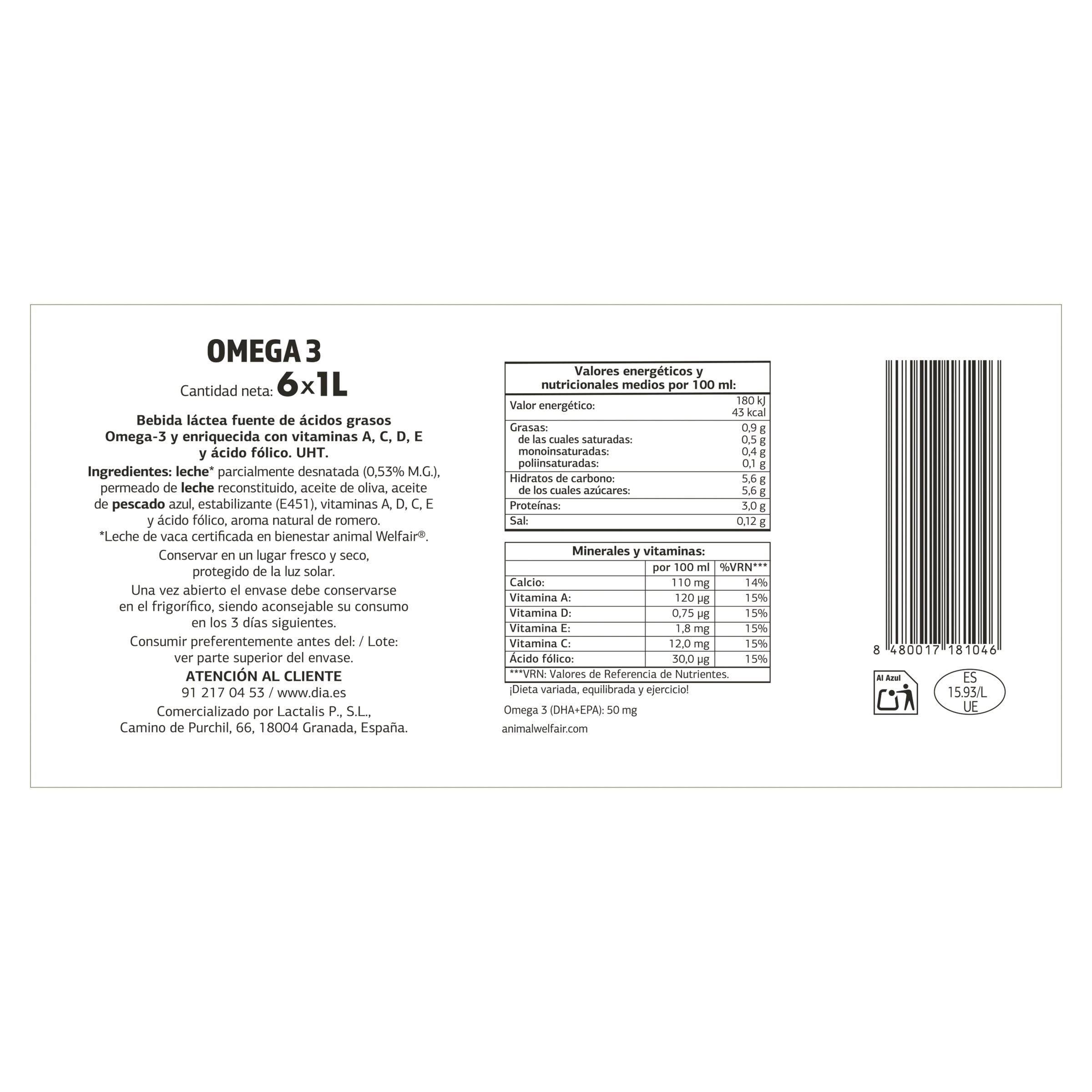 Leche desnatada omega 3 Dia Láctea pack 6 x 1 L