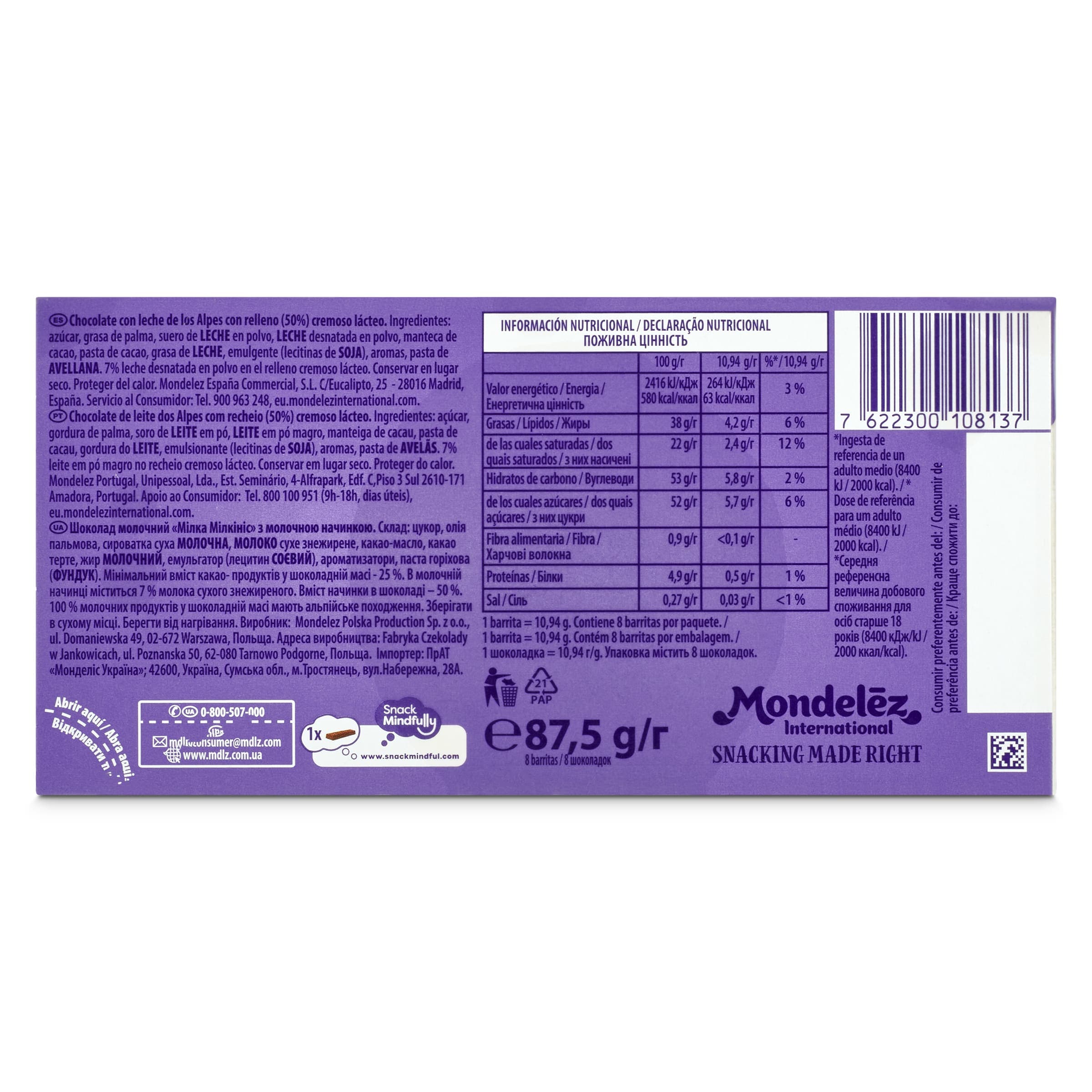 Chocolate con leche milkinis Milka 87.5 g