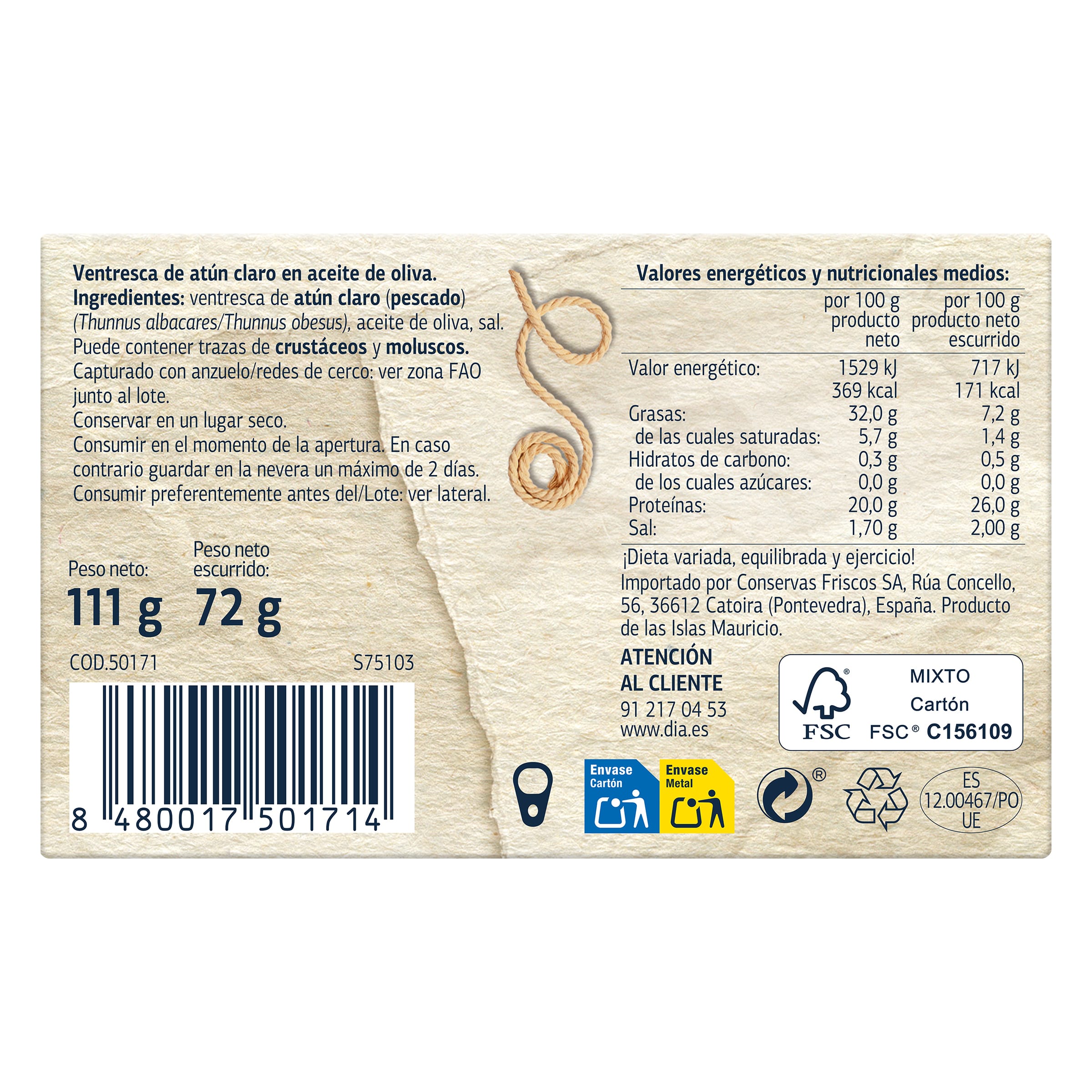 Ventresca de atún claro en aceite de oliva Dia Mari Marinera 78 g