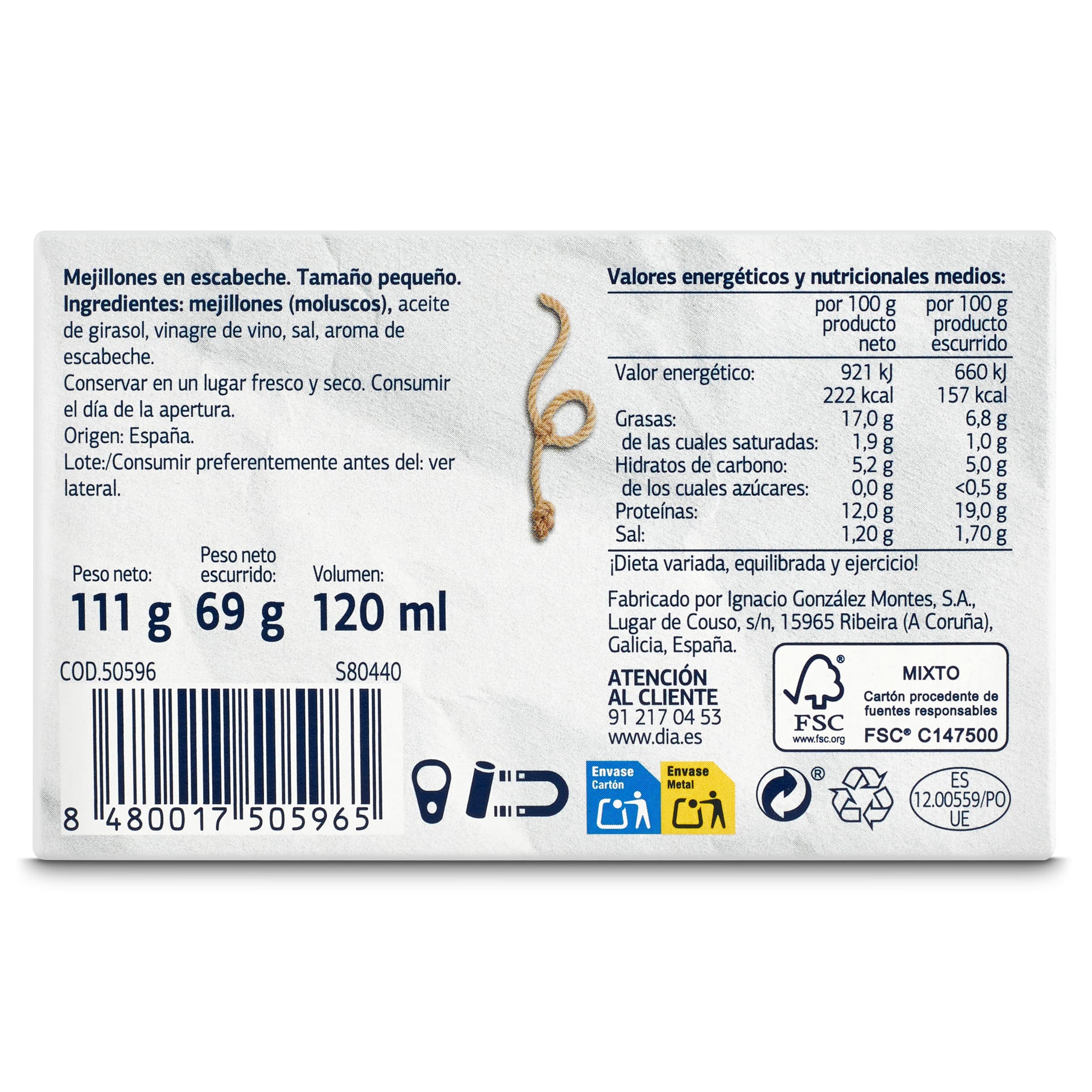 Mejillones en escabeche 14/18 piezas Dia Mari Marinera 69 g