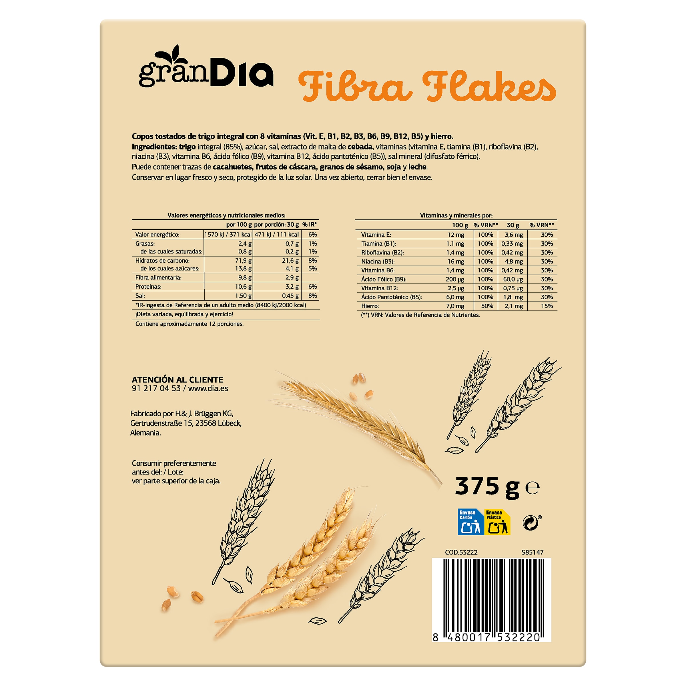 Cereales copos de trigo integral fibre flakes Gran Dia 375 g