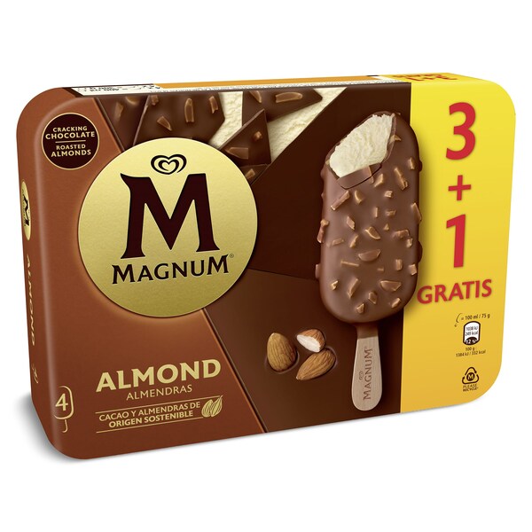 Helado Bombón Almendras Magnum caja 3 + 1 Uds. 328 Gr.