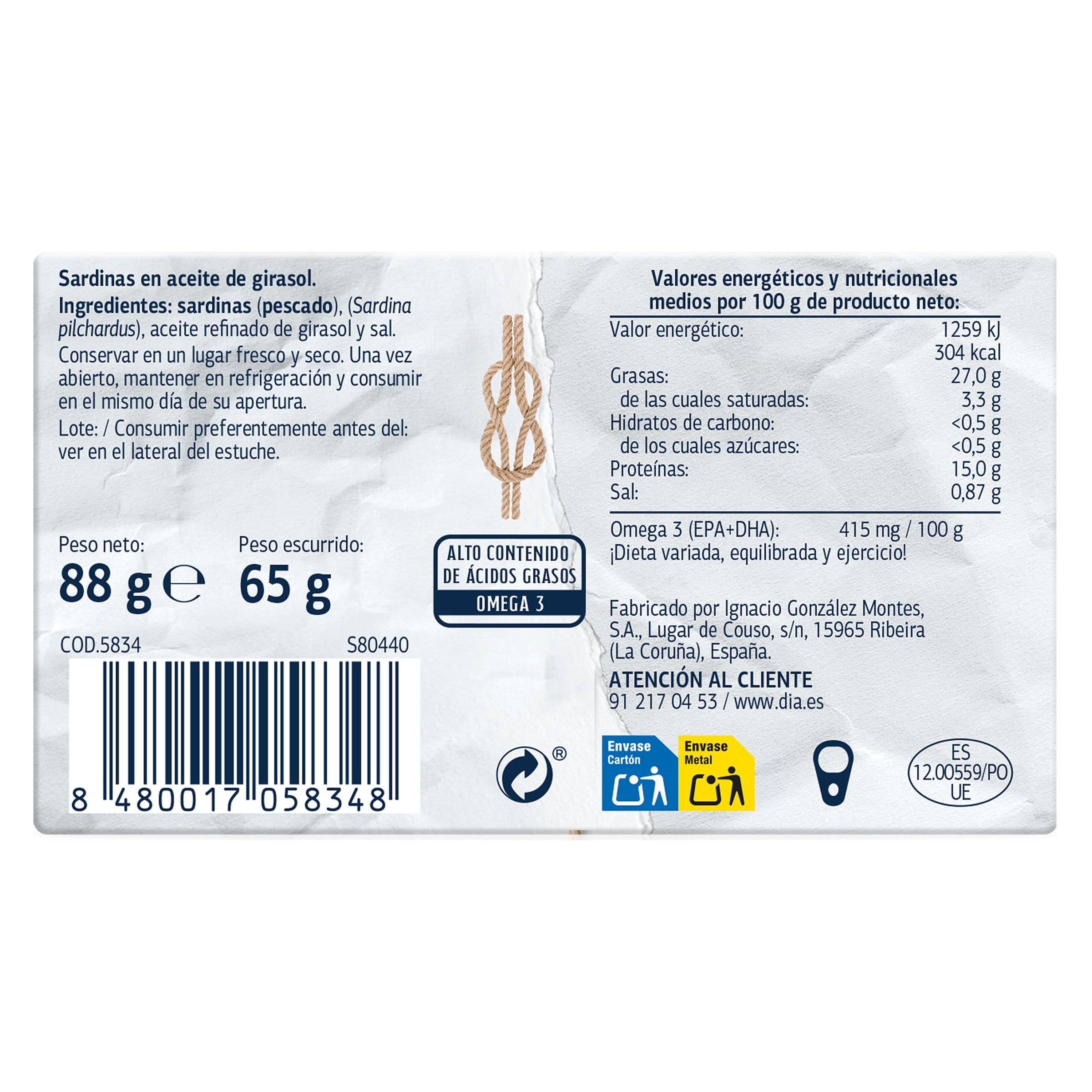 Sardinillas en aceite de girasol Dia Mari Marinera 65 g