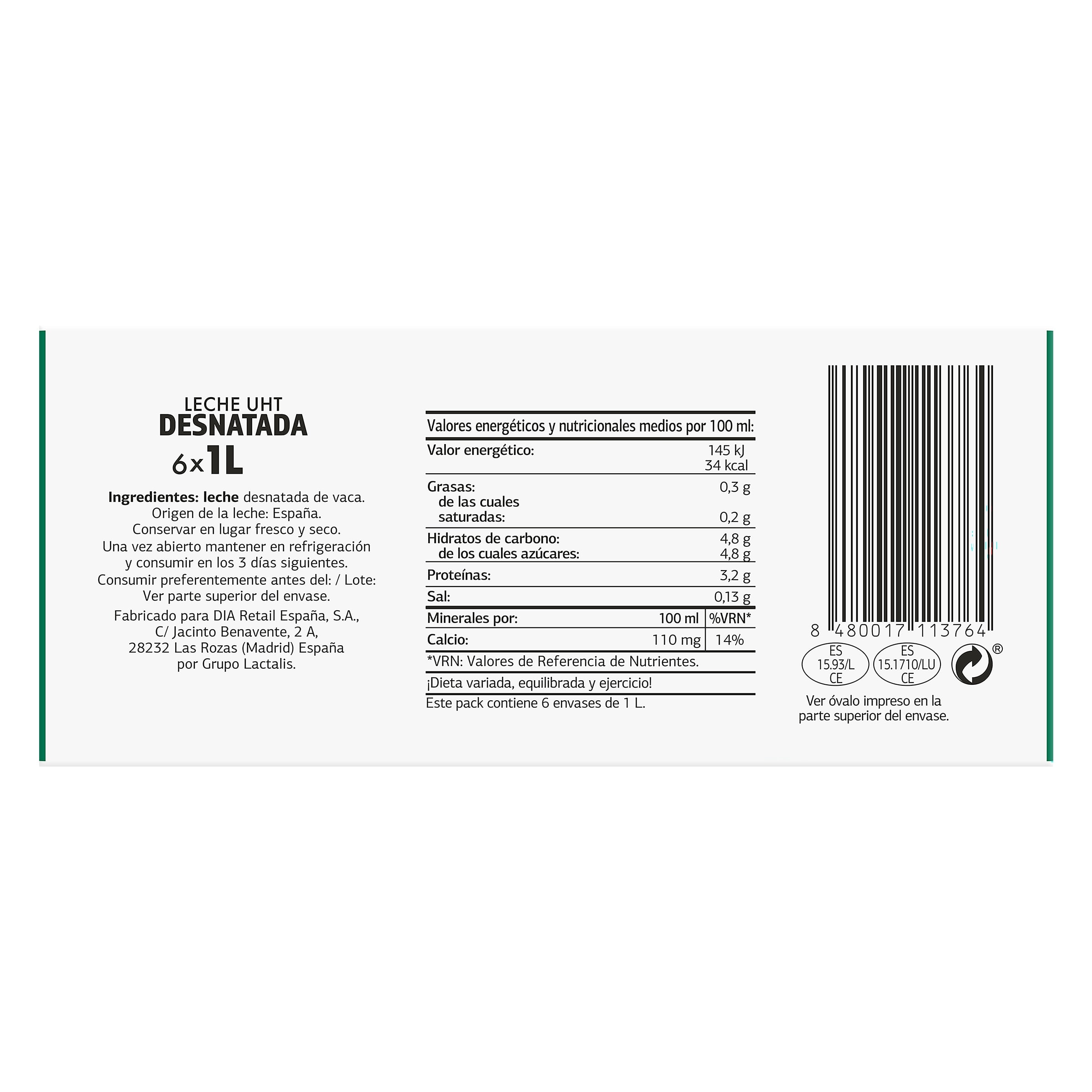Leche desnatada Dia Láctea pack 6 x 1 L