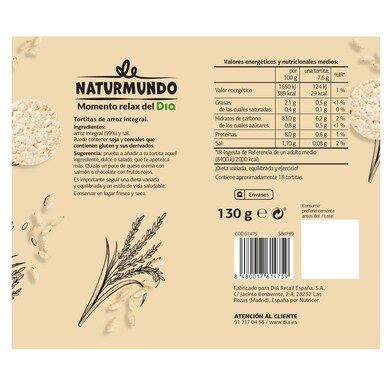 Tortitas de arroz integral Naturmundo bolsa 130 g-1 Tortitas de arroz integral Naturmundo bolsa 130 g-1