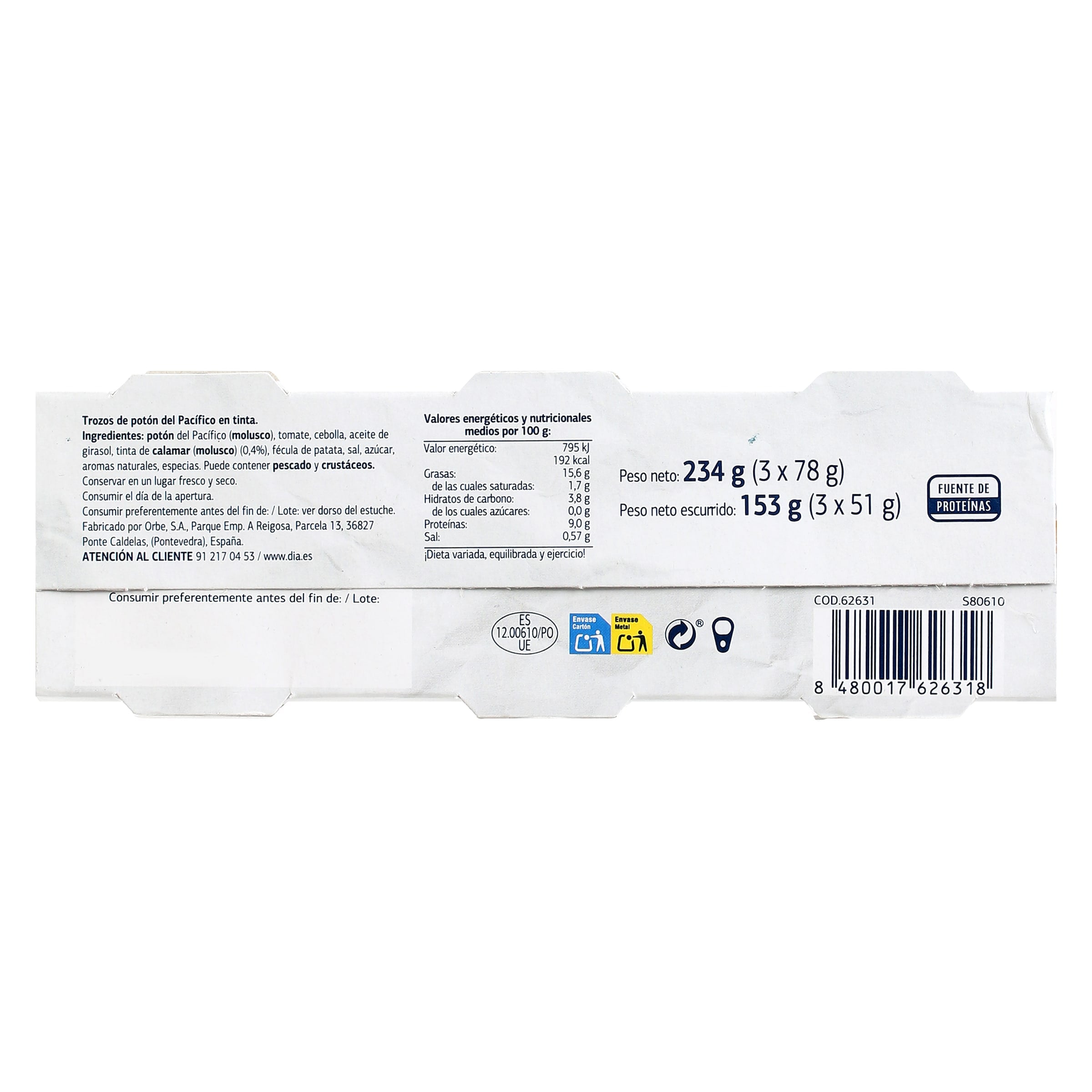 Potón del Pacífico en su tinta Dia Mari Marinera 3 x 51 g