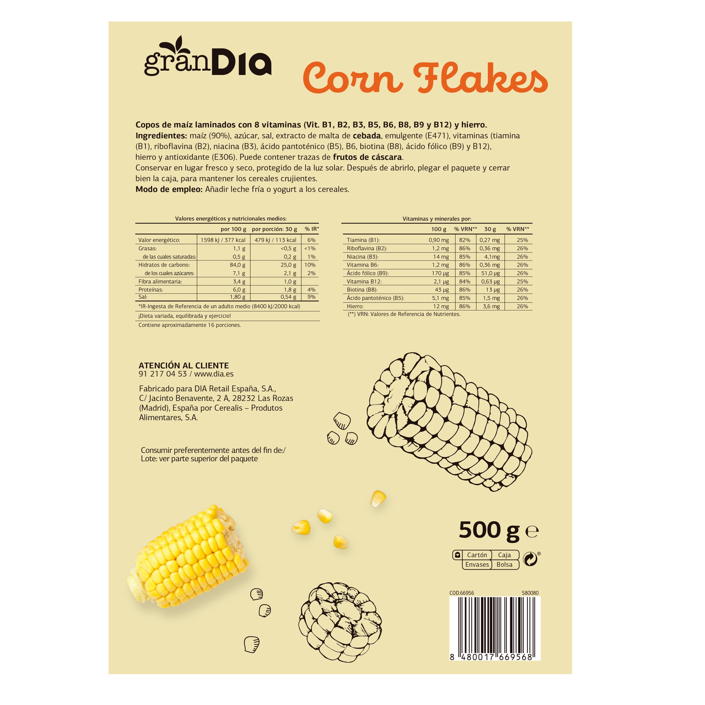 Cereales copos de maíz corn flakes Gran Dia 500 g