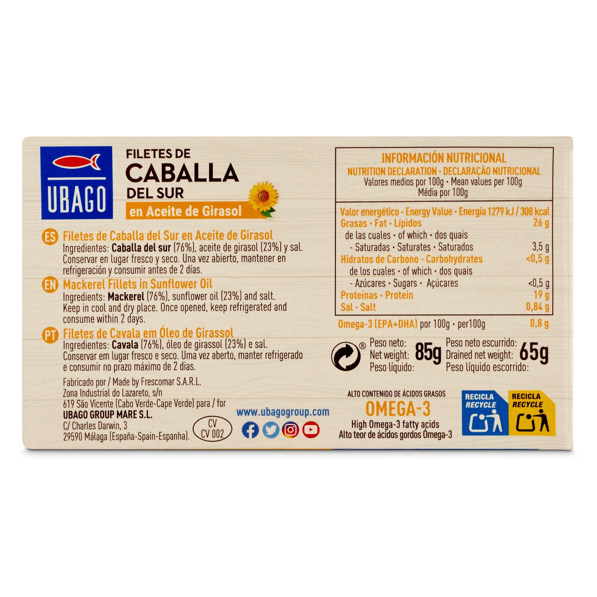 Filetes de caballa del sur en aceite de girasol Ubago 65 g
