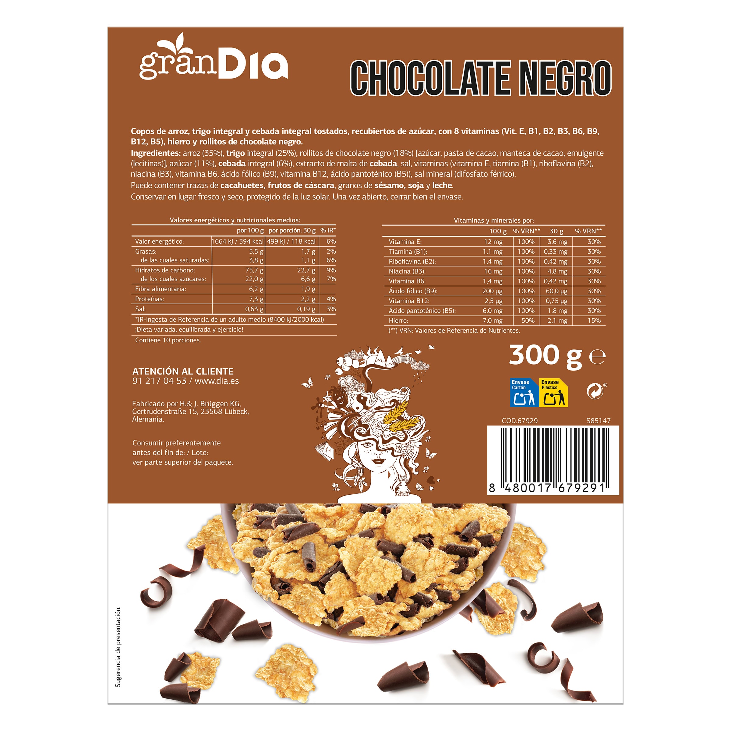 Cereales copos de trigo, arroz y cebada con chocolate negro Gran Dia 300 g