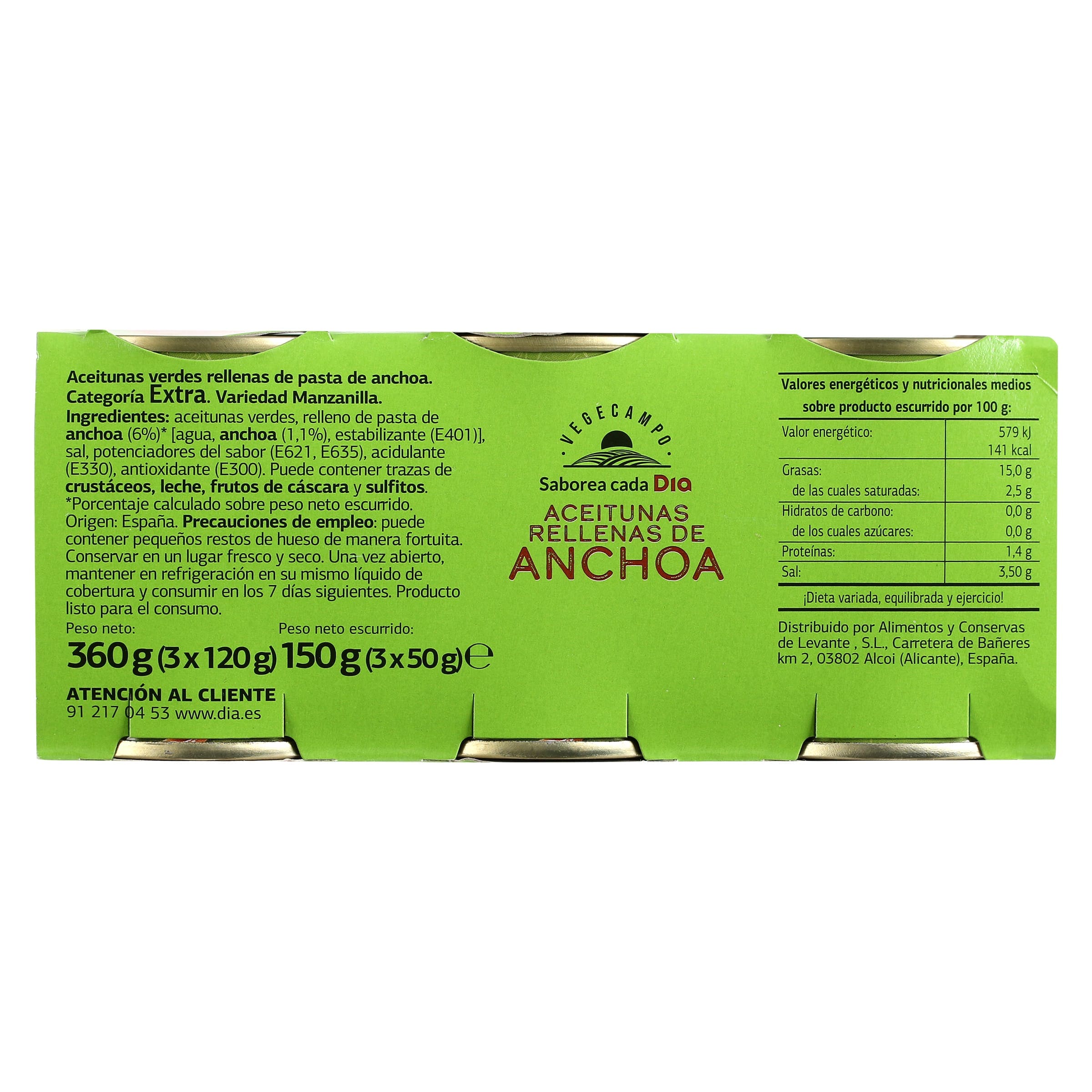 Aceitunas rellenas de anchoa Dia Vegecampo 3 x 50 g