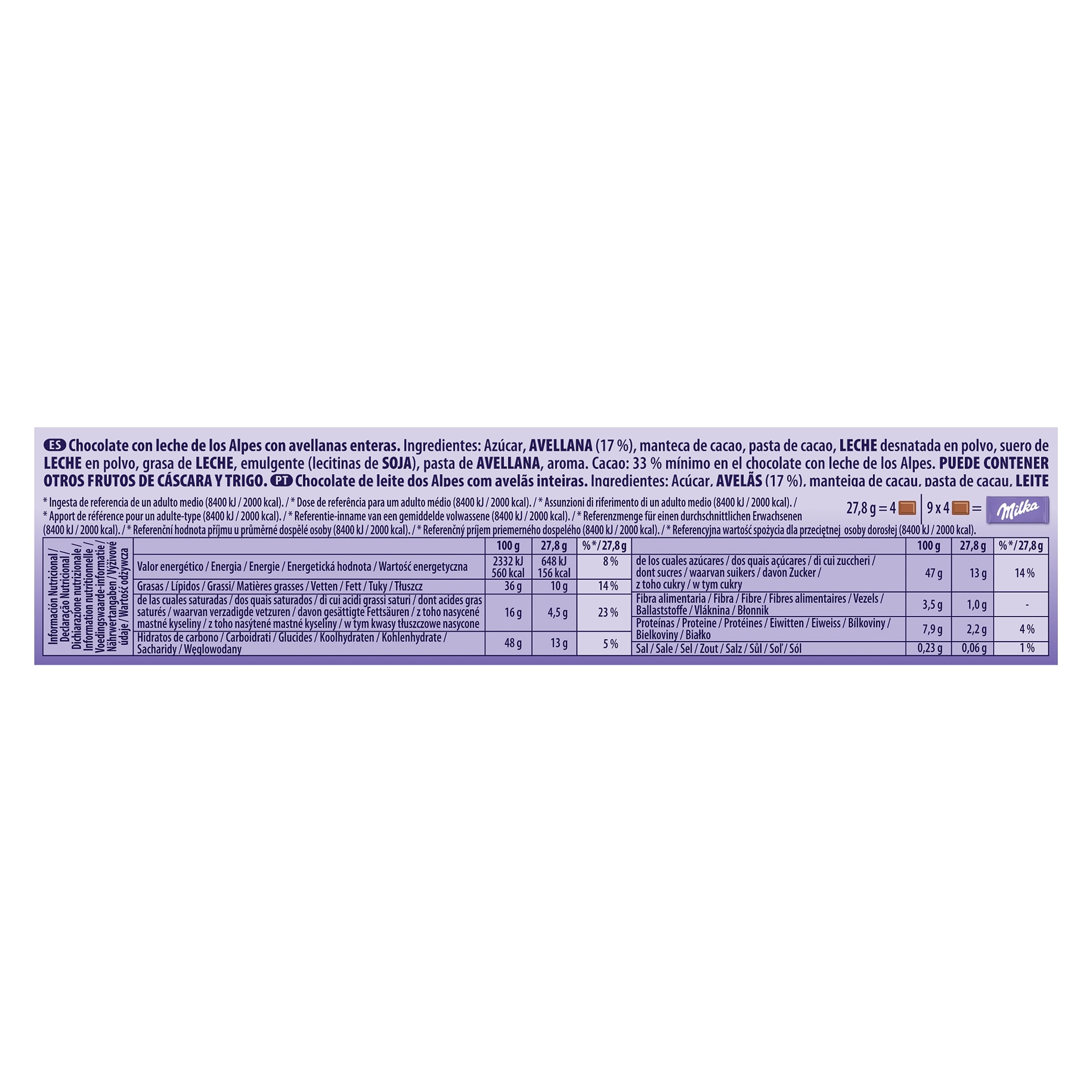 Chocolate con leche con avellanas Milka 250 g