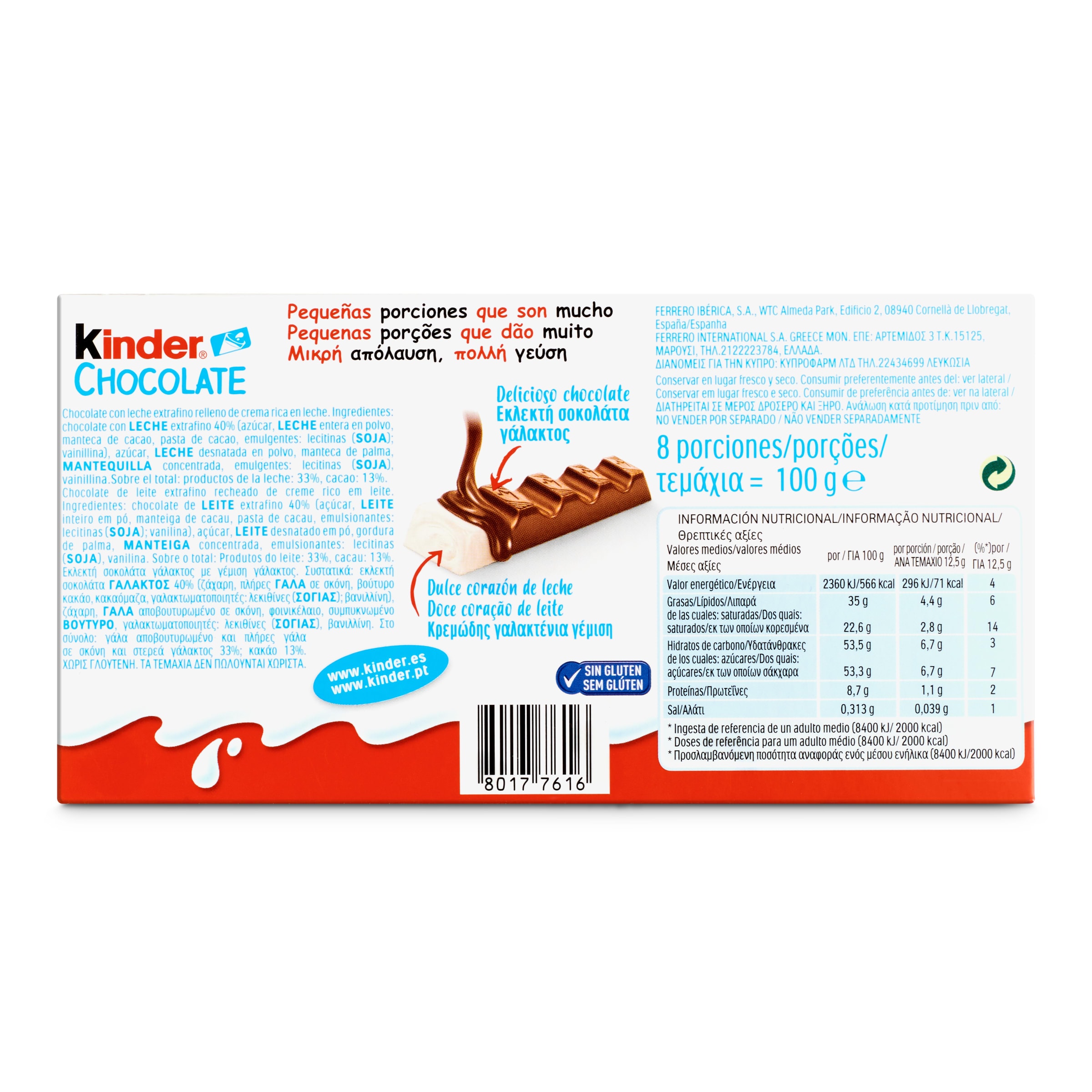 Barritas de chocolate con leche Kinder 100 g