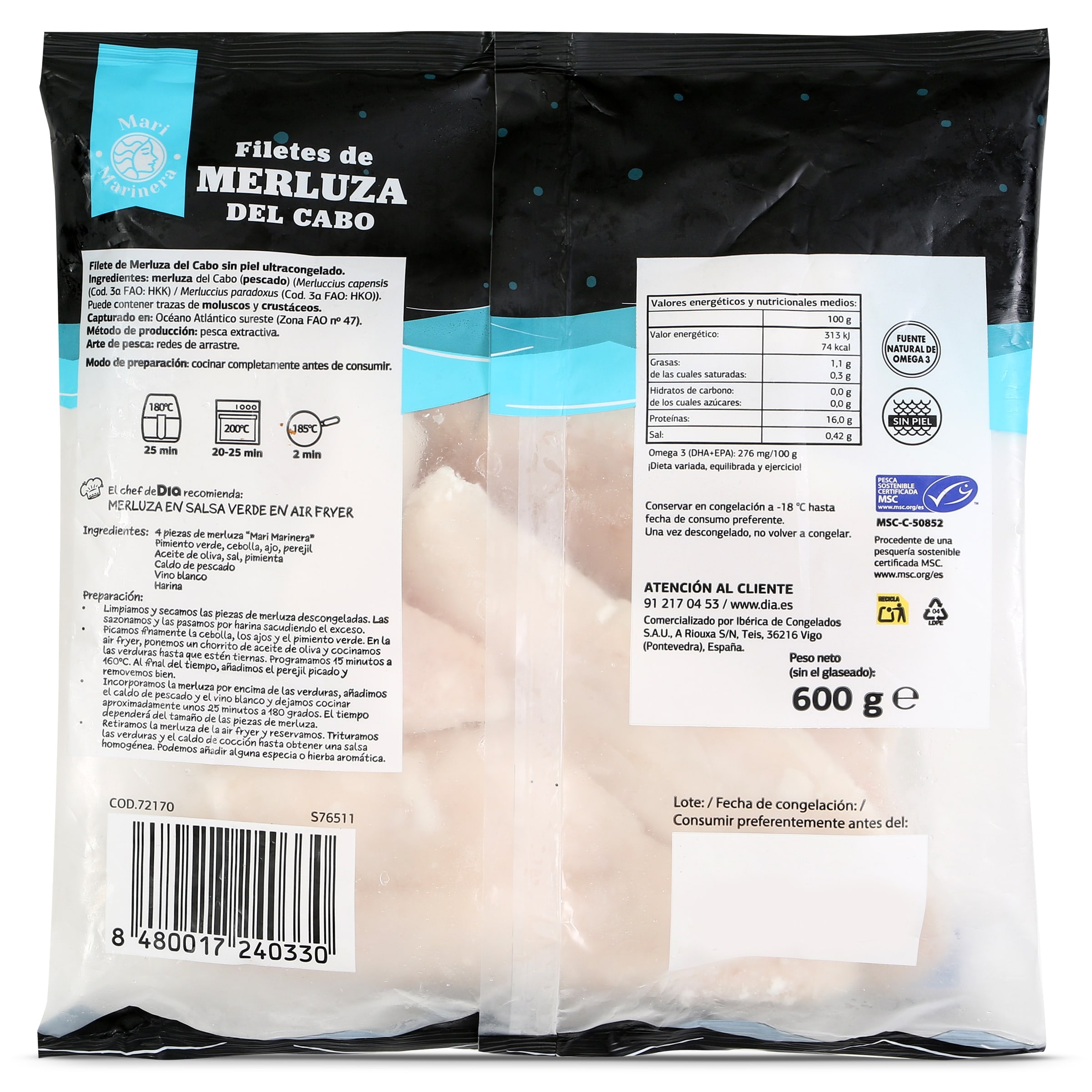 Filetes de merluza del cabo sin piel MSC Dia Mari Marinera 600 g