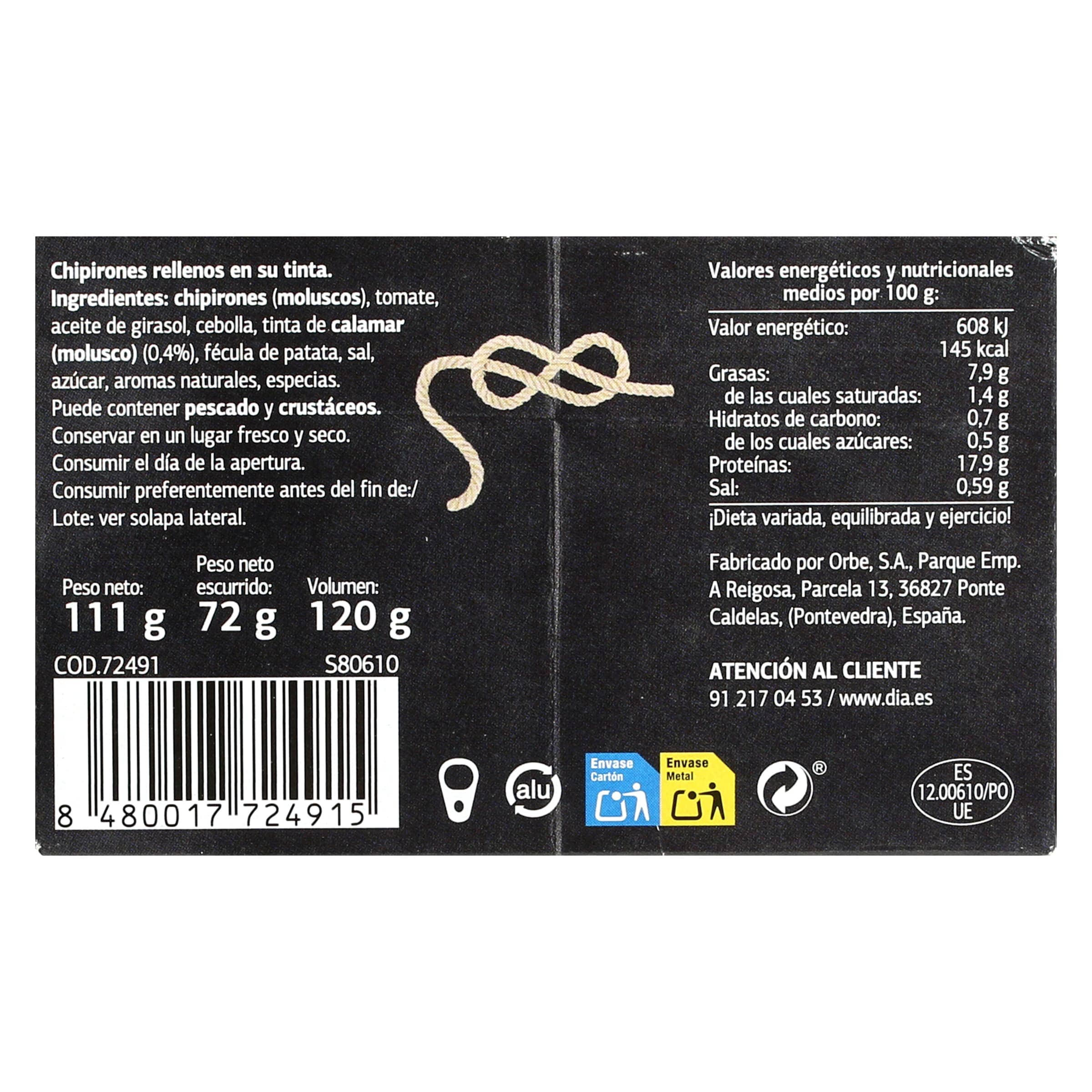 Chipirones rellenos en su tinta Dia Mari Marinera 72 g