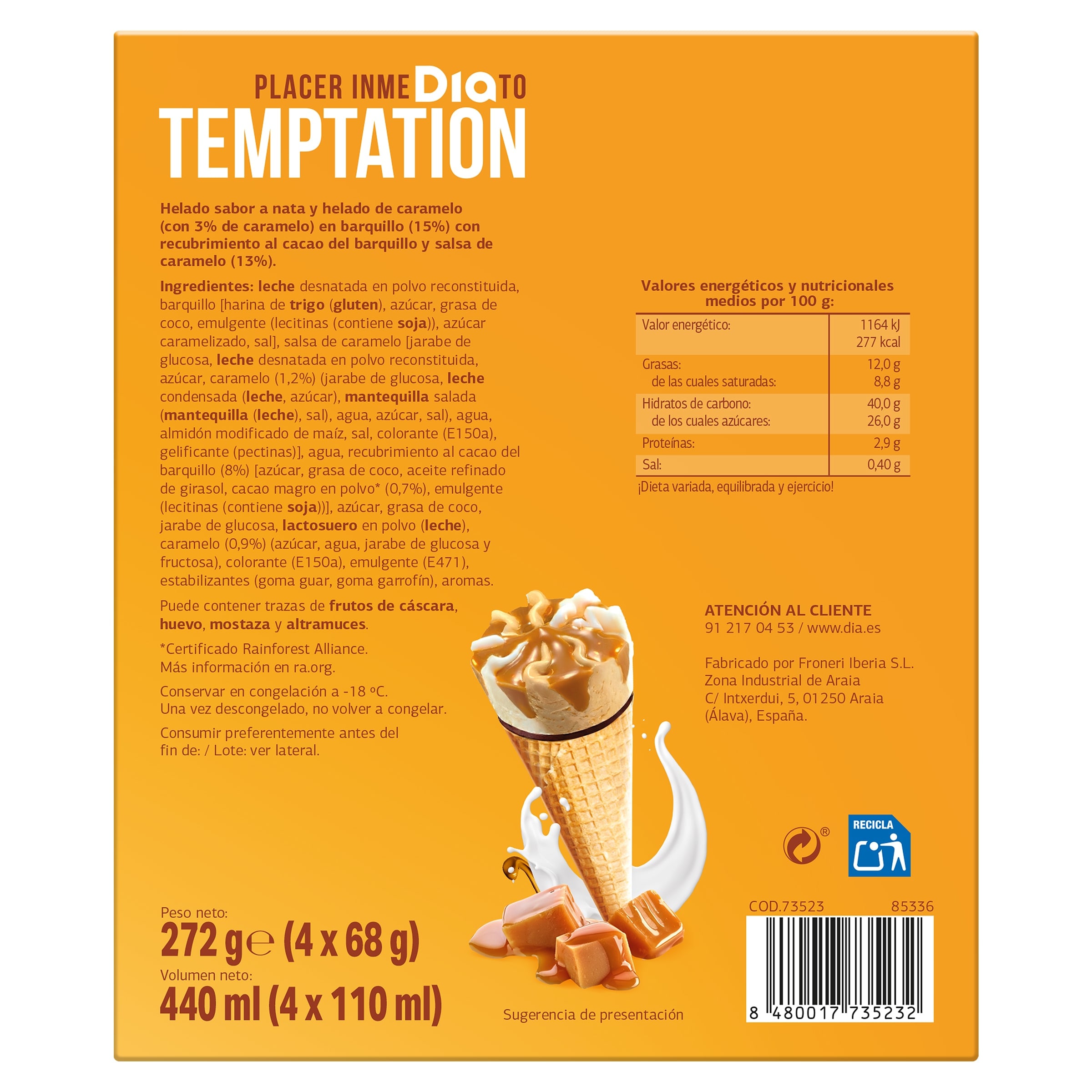 Conos de nata y caramelo Dia Temptation 4 x 68 g