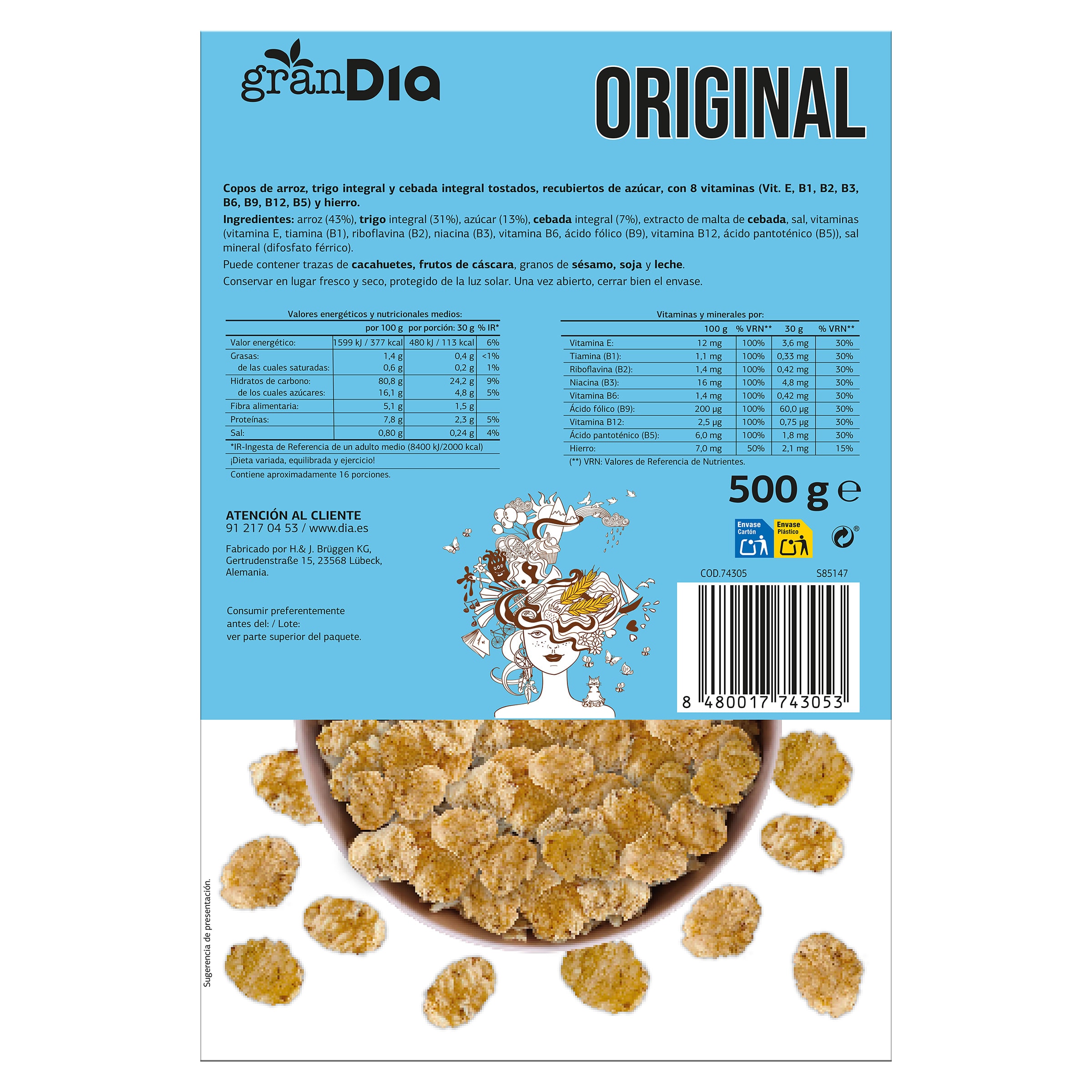 Cereales copos de arroz, trigo integral y cebada Gran Dia 500 g