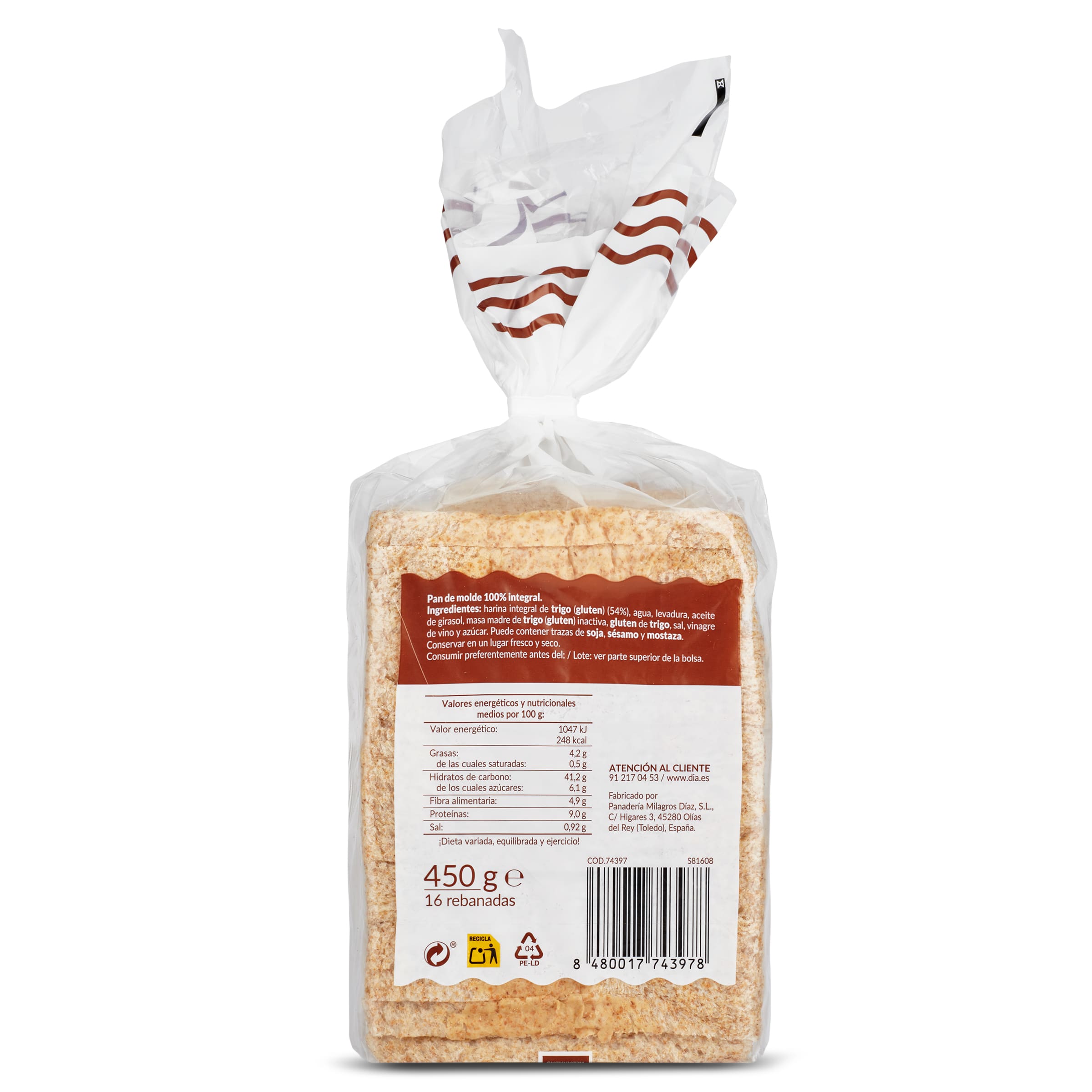 Pan de molde trigo integral sin corteza El Molino de Dia 450 g