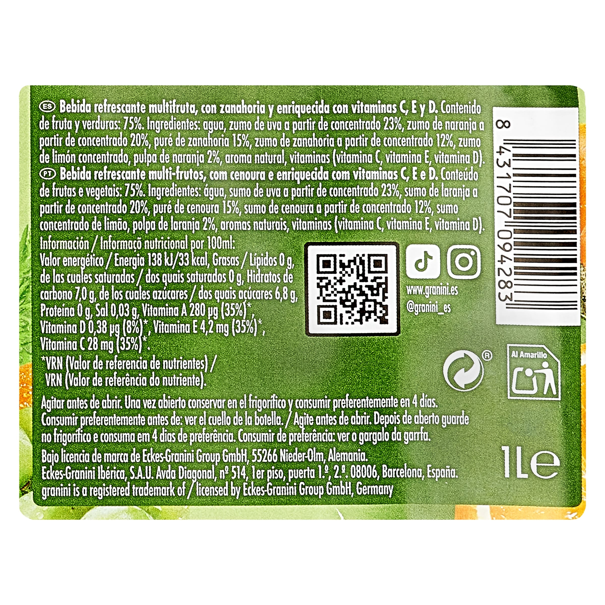 Bebida de zumo de naranja y zanahoria sin azúcares añadidos Granini 1 L