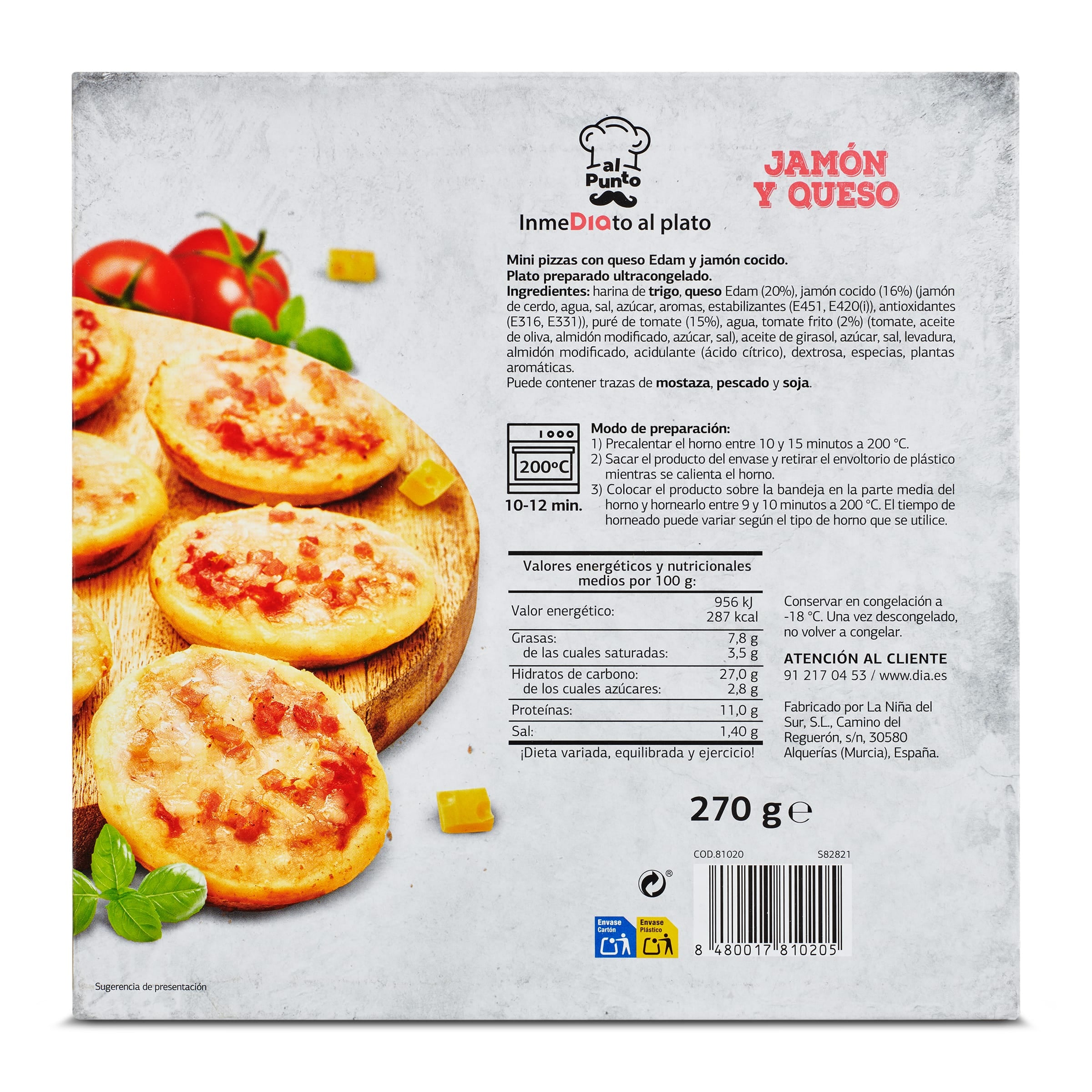 Mini pizzas de jamón y queso Dia Al Punto 270 g