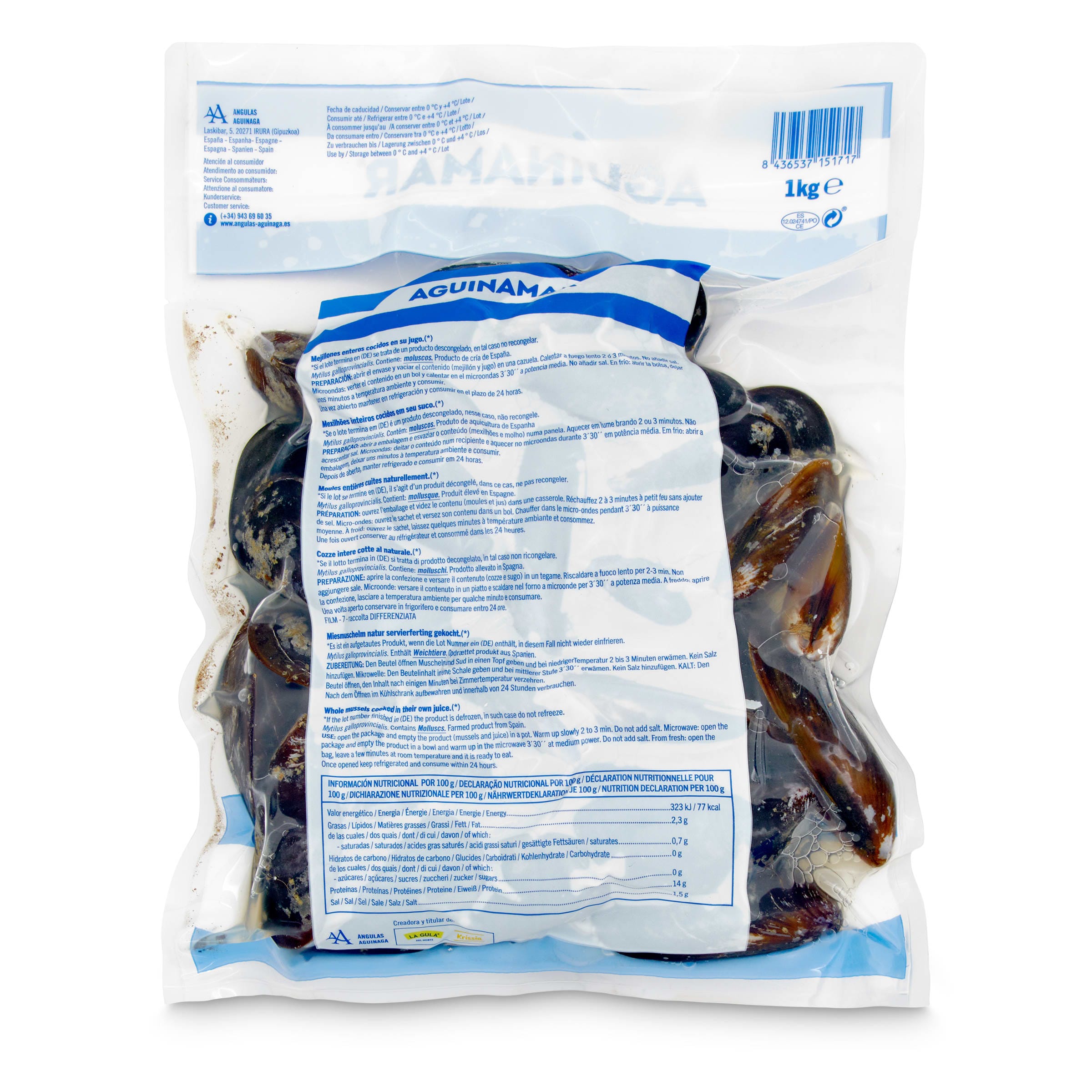 Mejillones cocidos en su jugo Aguinamar 1 Kg
