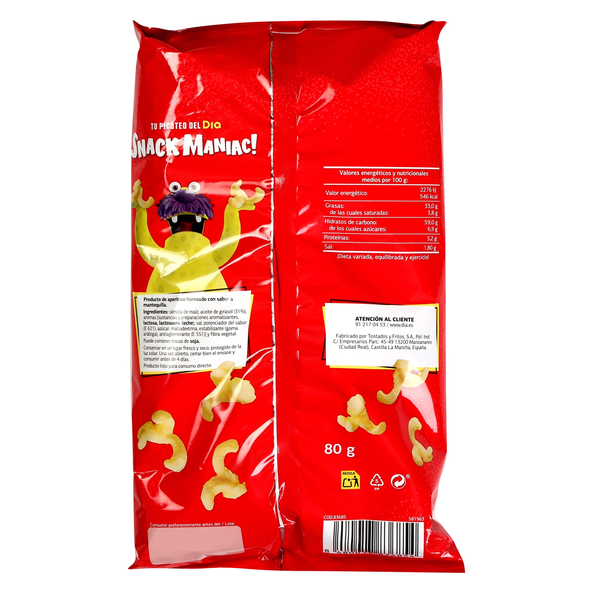 Palomitas sabor mantequilla Dia Snack Maniac 80 g