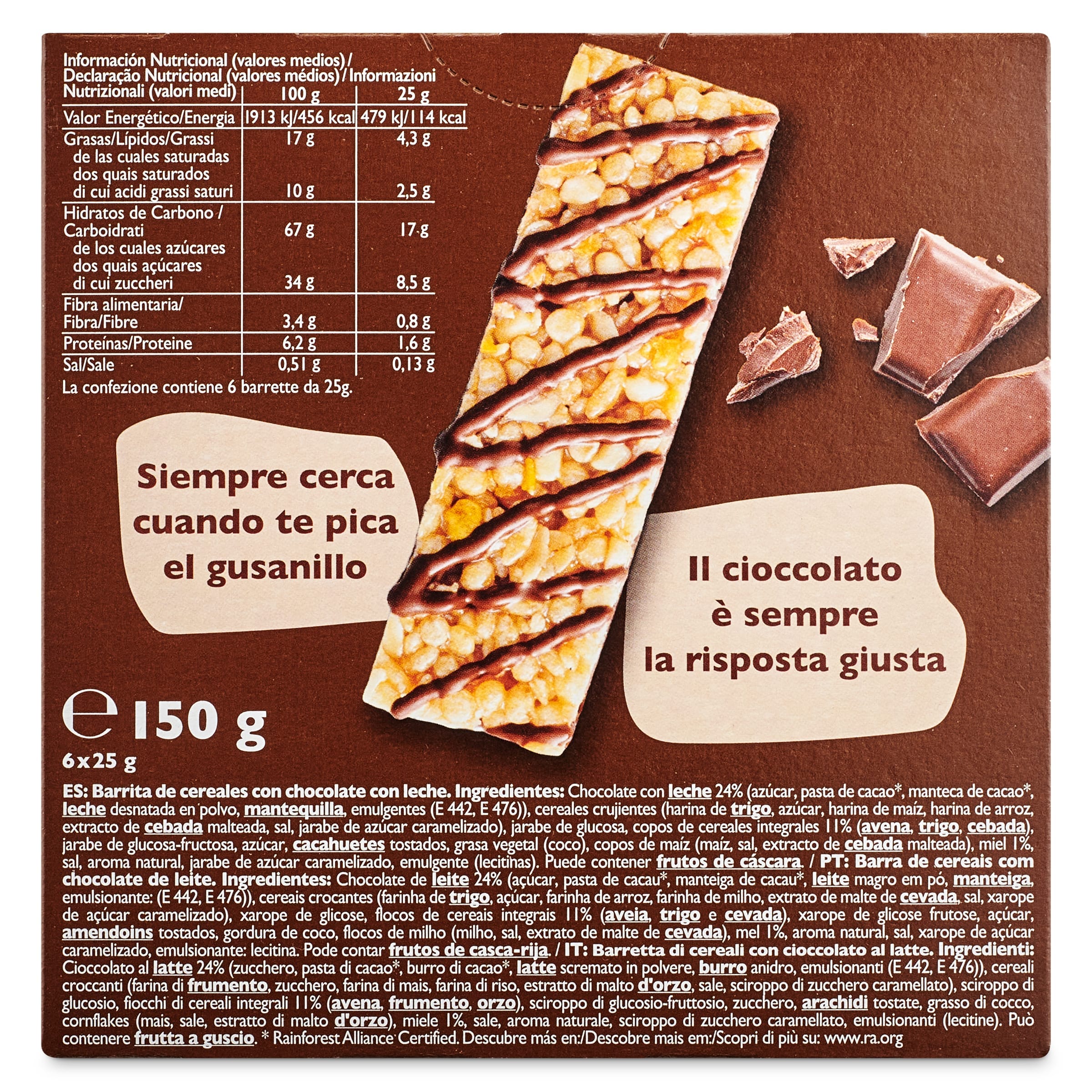 Barritas de cereales con chocolate con leche Corny 150 g